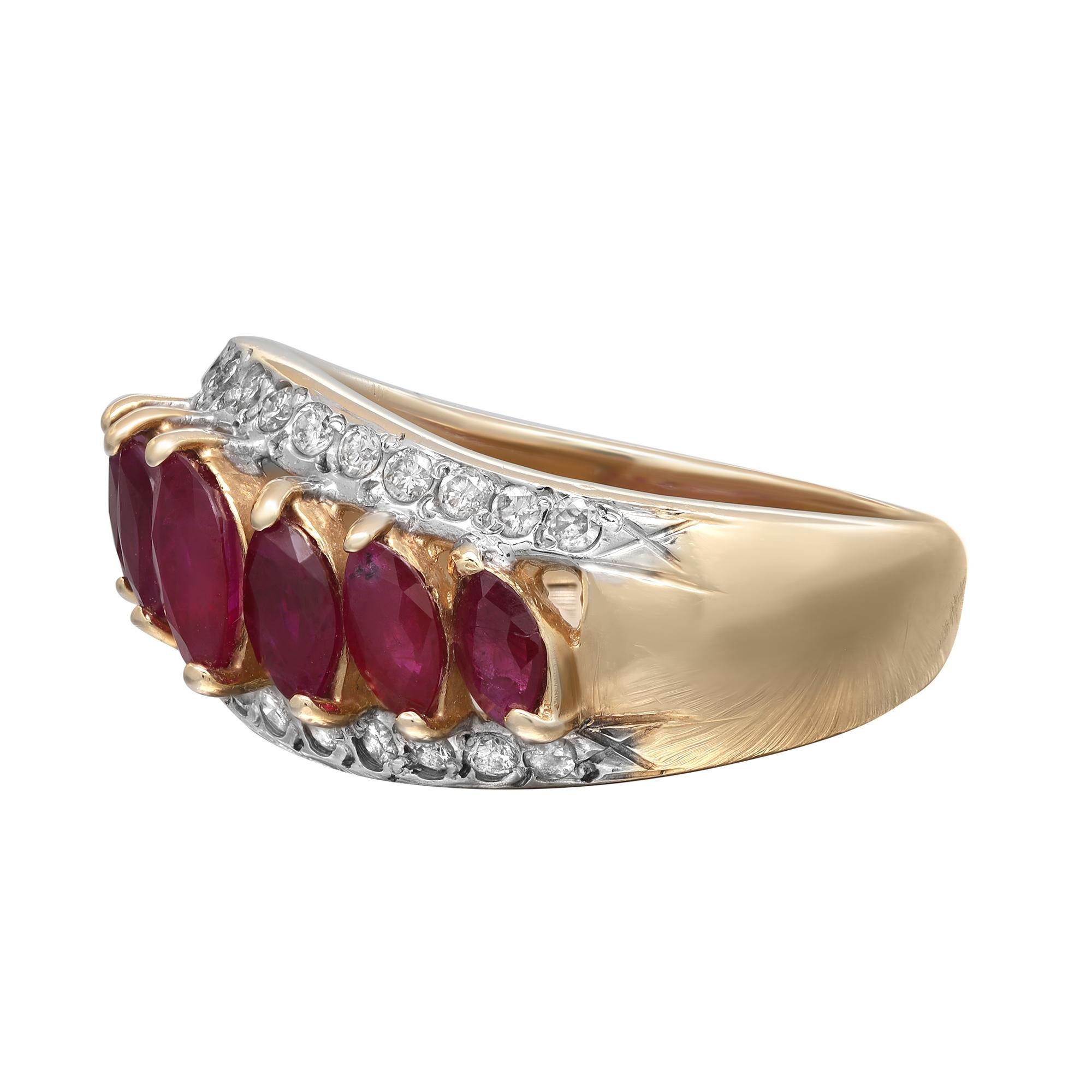 Marquise Cut 0.78Cts Red Ruby & 0.24Cttw Diamond Cocktail Ring 14k Yellow Gold For Sale