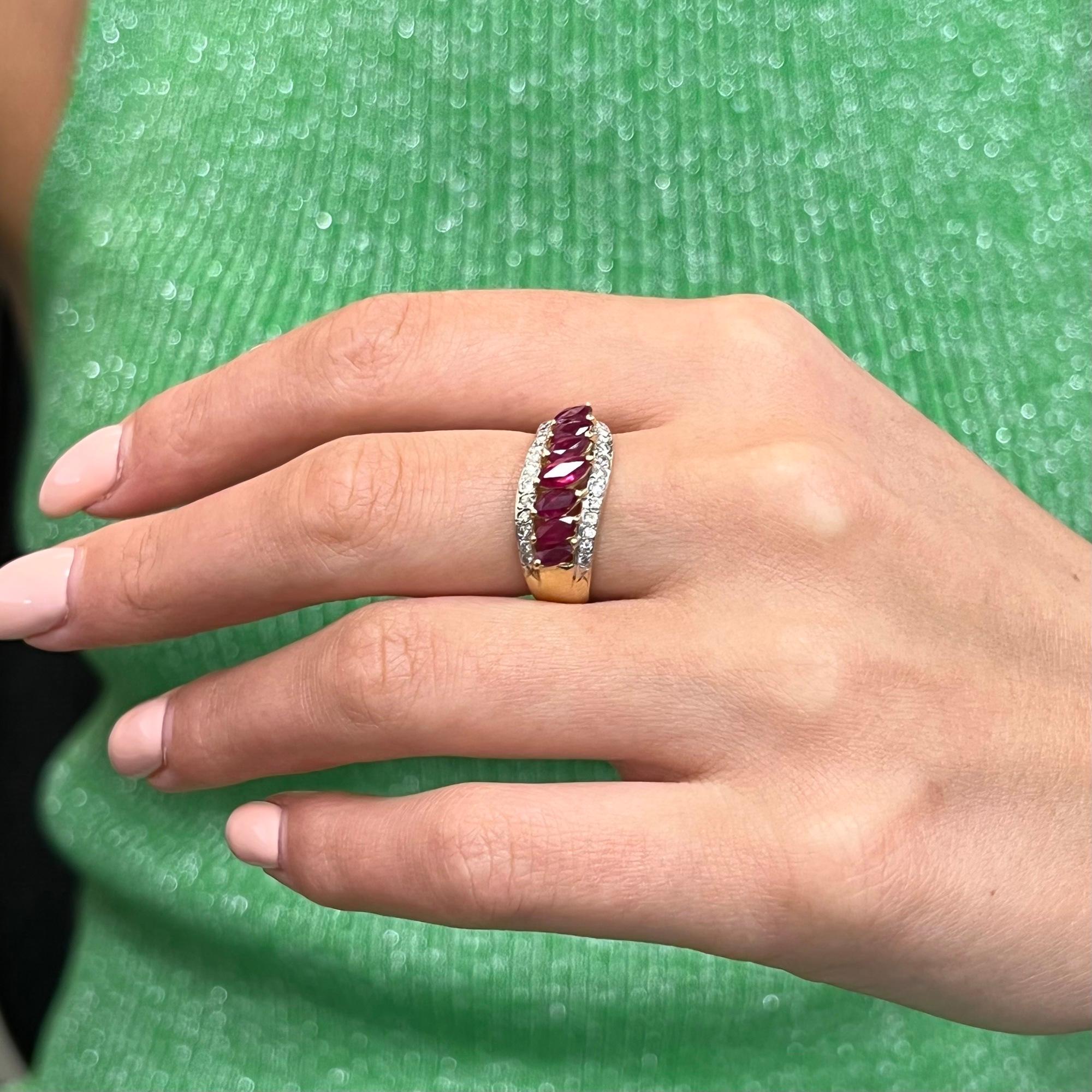 0.78Cts Red Ruby & 0.24Cttw Diamond Cocktail Ring 14k Yellow Gold In Excellent Condition For Sale In New York, NY