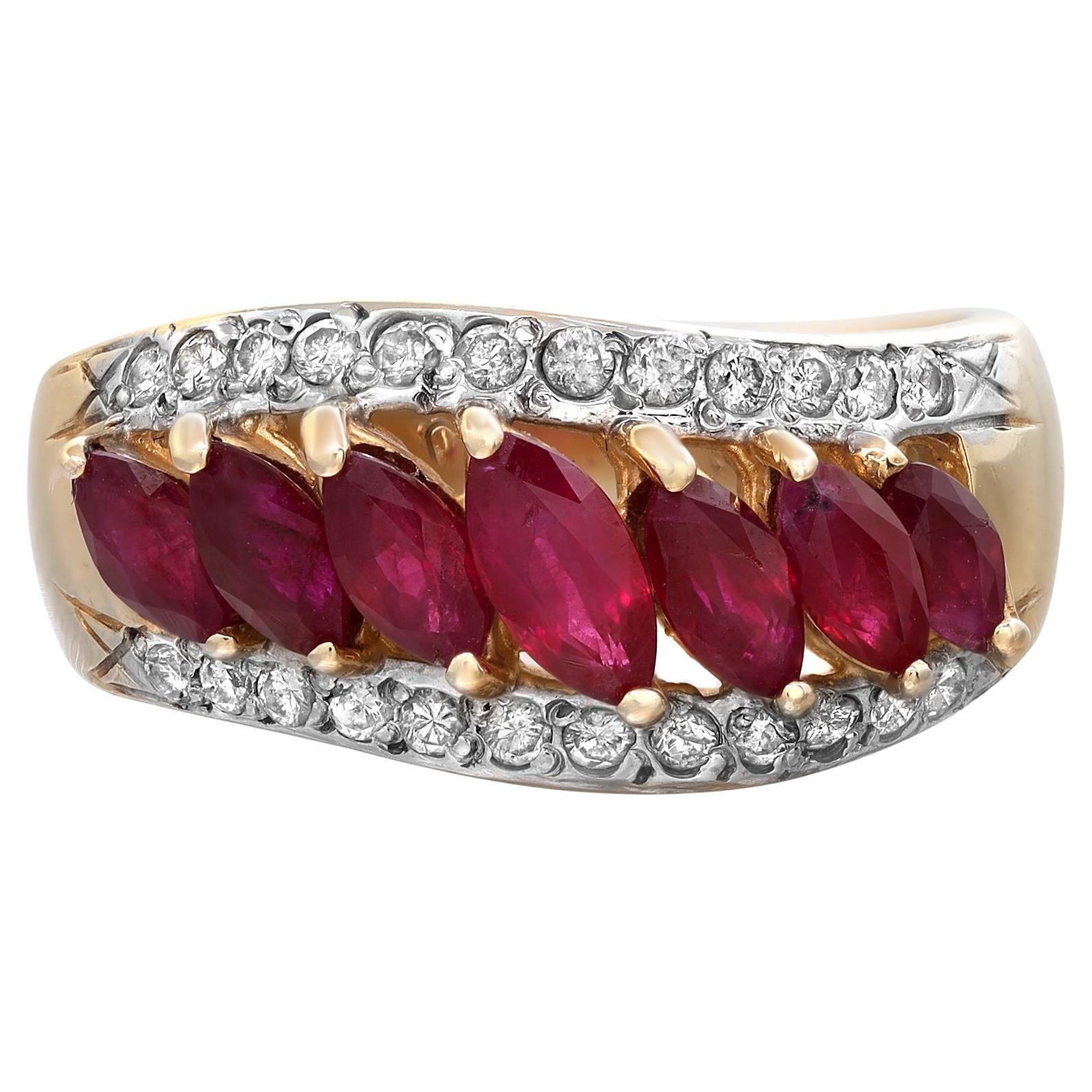 0.78Cts Red Ruby & 0.24Cttw Diamond Cocktail Ring 14k Yellow Gold For Sale