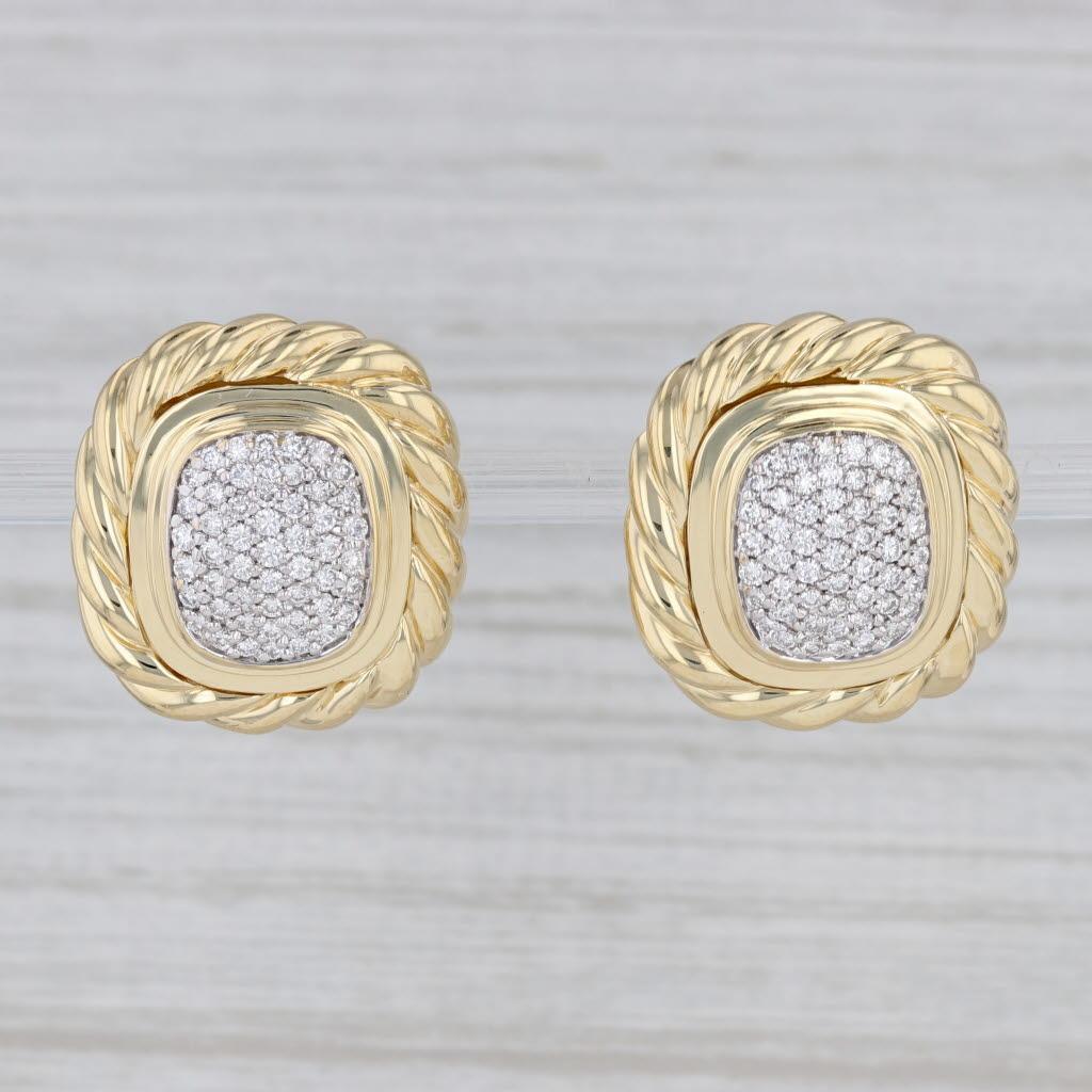 Gemstone Information:
*Natural Diamonds*
Total Carats - 0.78ctw
Cut - Round Brilliant
Color - G - H
Clarity - VS2

Metal: 18k Yellow Gold, white gold pave settings
Weight: 21.7 Grams 
Stamps: 750 DY
Closure: Stick Posts, Omega Backs
Measurements: 22