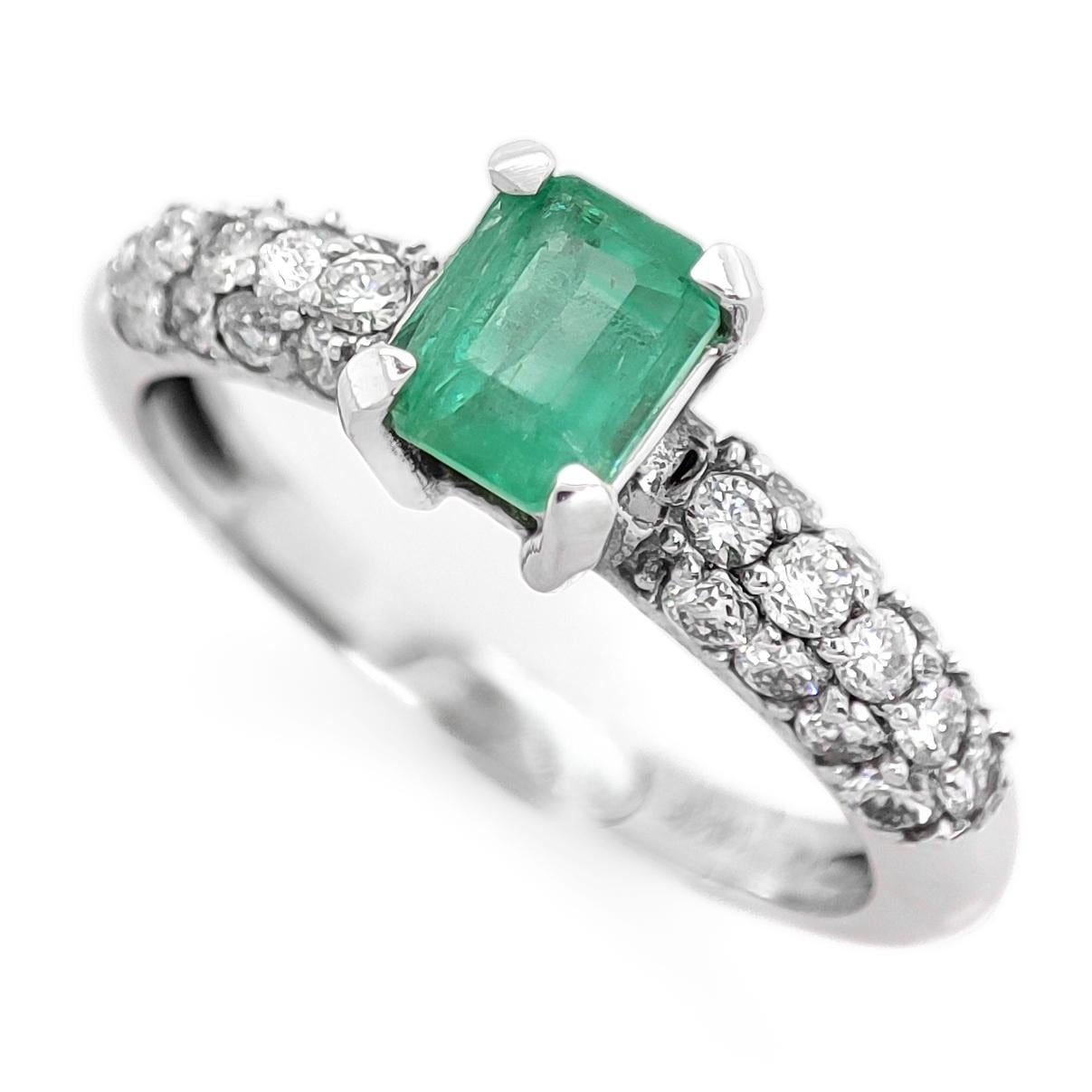 Emerald Cut 0.78CTW  Emerald and Diamond 14K white Gold Ring