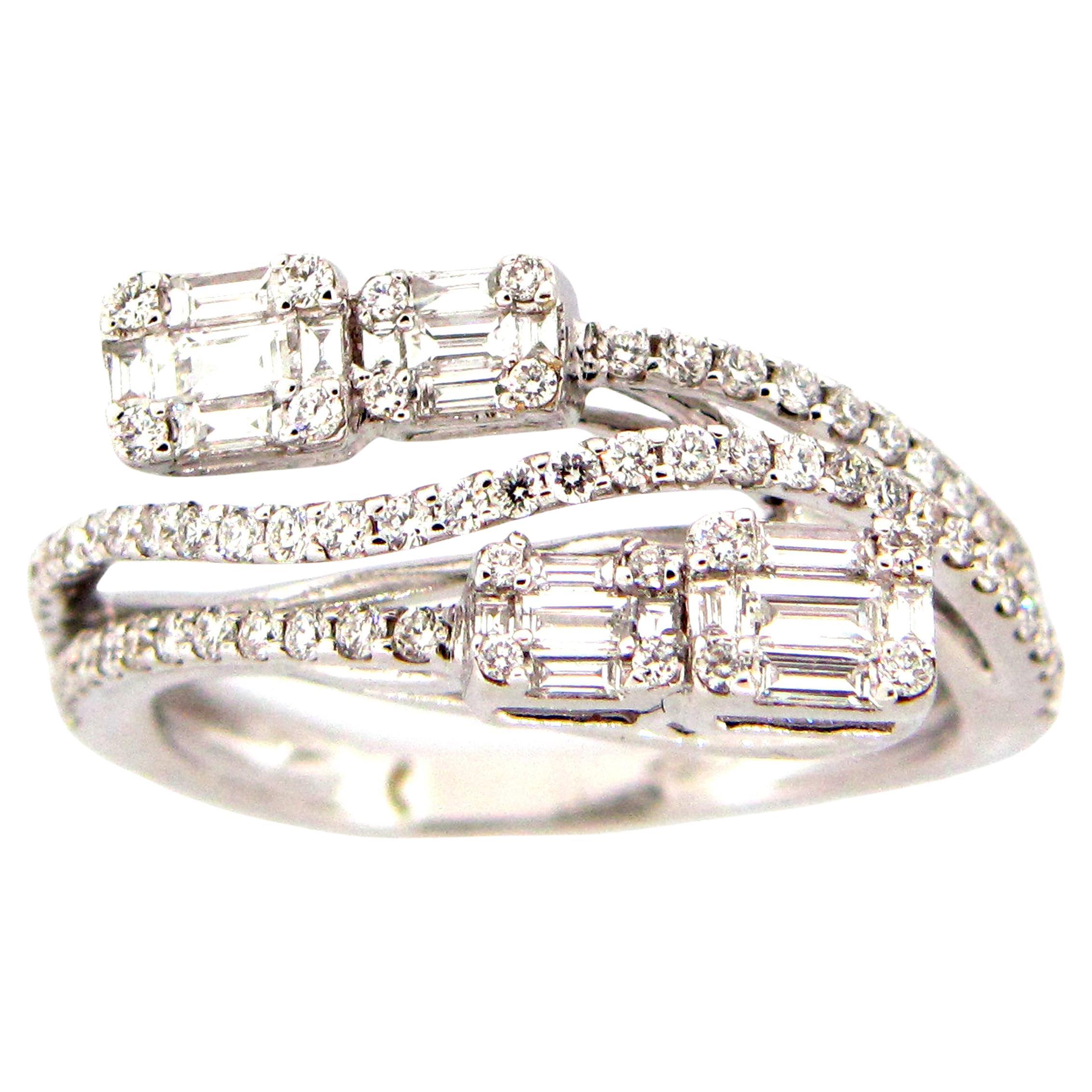 0.79 Carat Baguette Cut and Round Diamond White Gold Ring For Sale