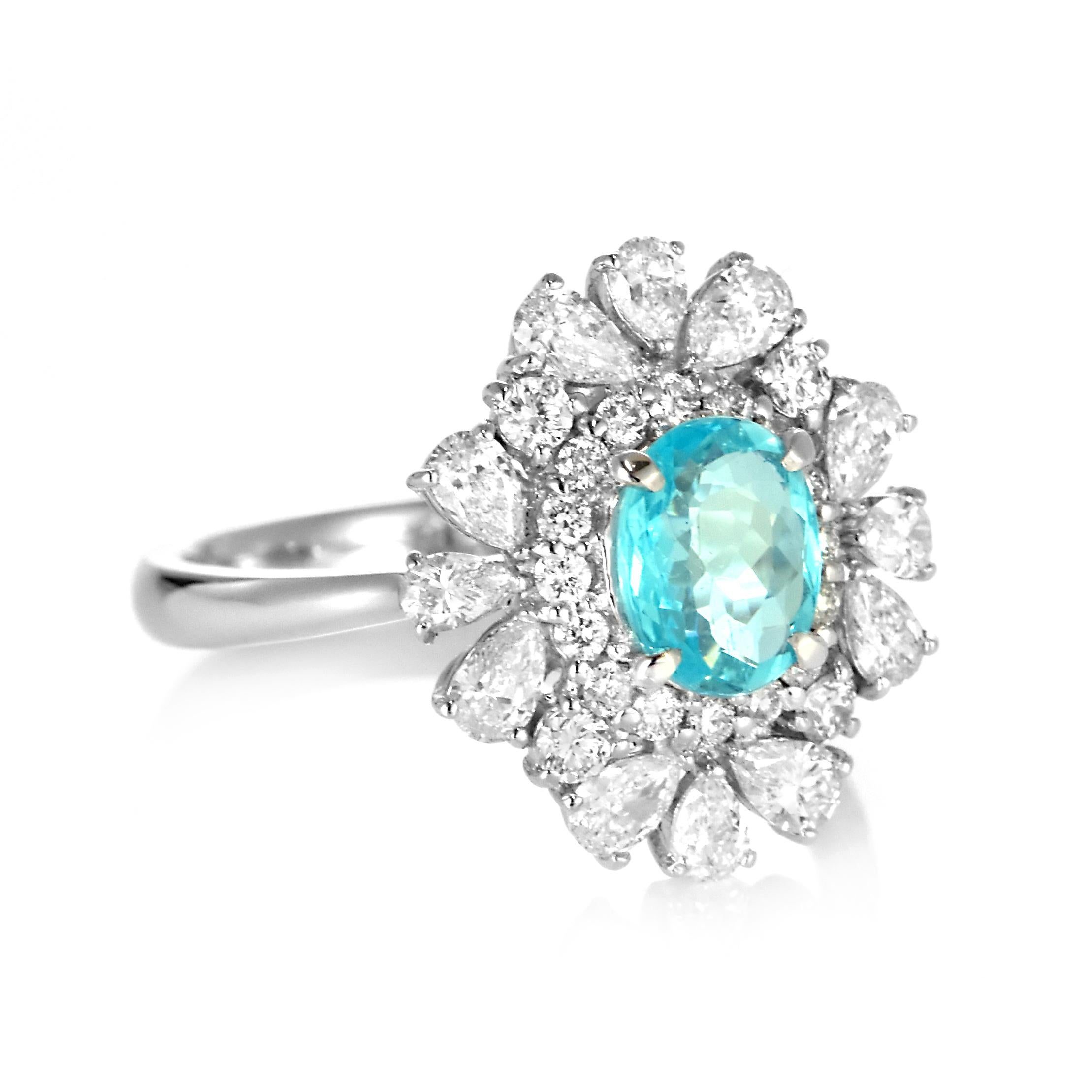 Oval Cut 0.79 Carat Brazilian Paraiba Tourmaline & Diamond Cocktail Ring Set in Platinum For Sale