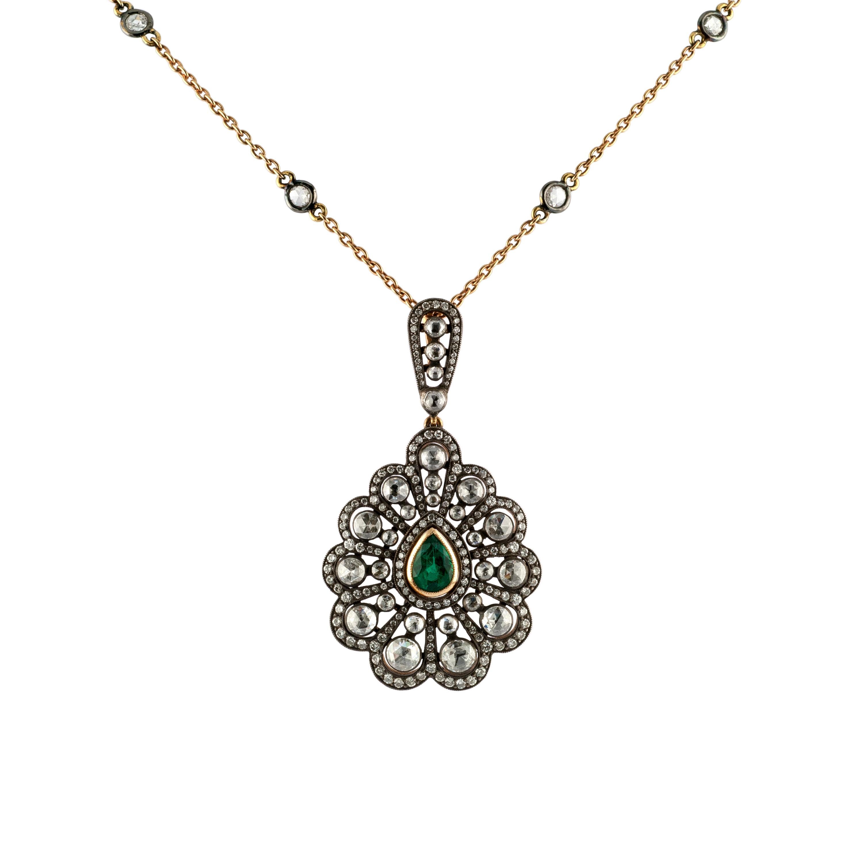 Rose Cut 0.79 Carat Emerald 1.53 Carat Diamond 18 Karat White Gold Heritage Necklace For Sale