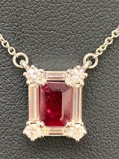 0.79 Carat Emerald Cut Ruby and Diamond Pendant Necklace in 14K White Gold