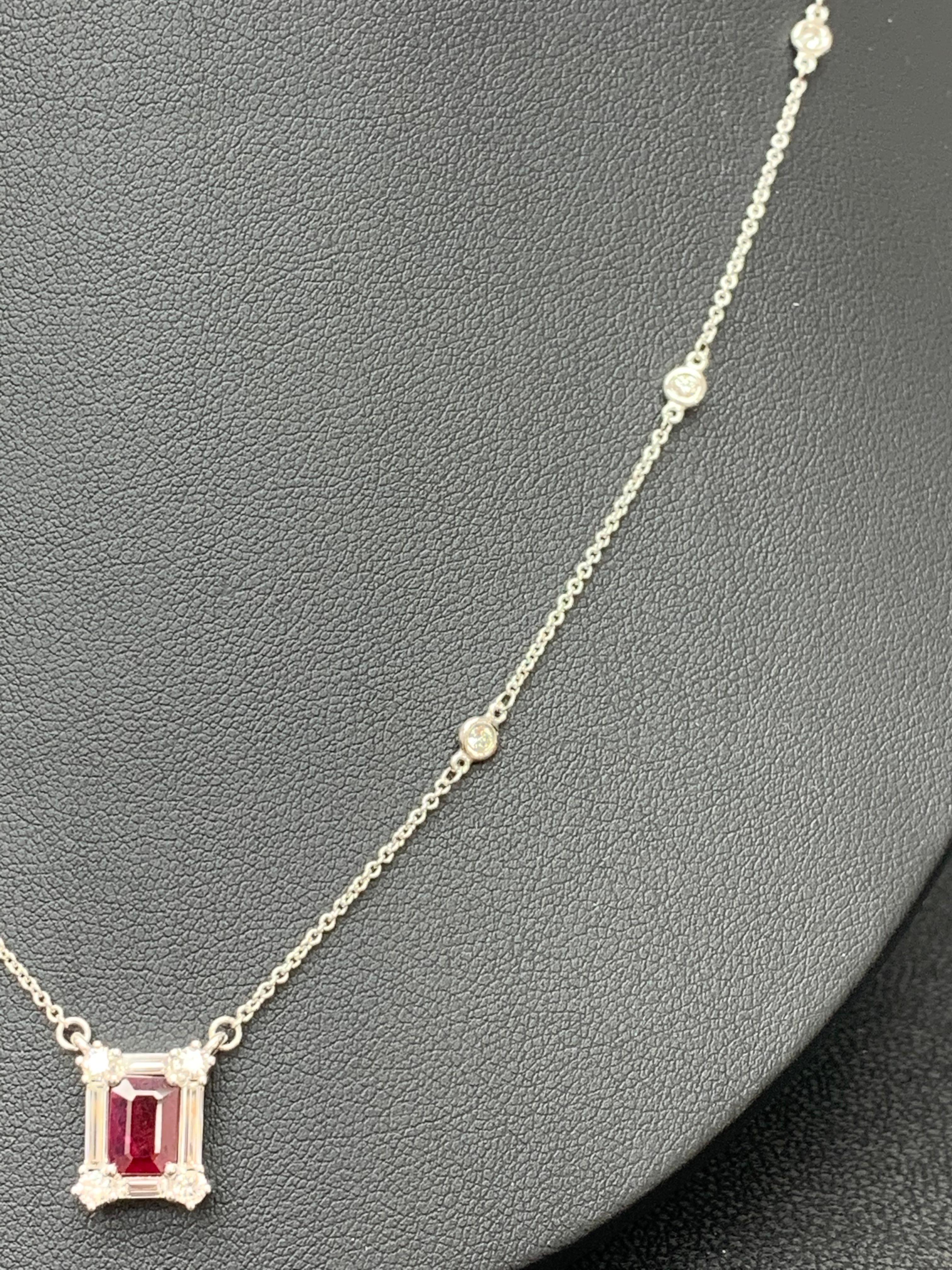 0.79 Carat Emerald Cut Ruby and Diamond Pendant Necklace in 14K White Gold In New Condition For Sale In NEW YORK, NY