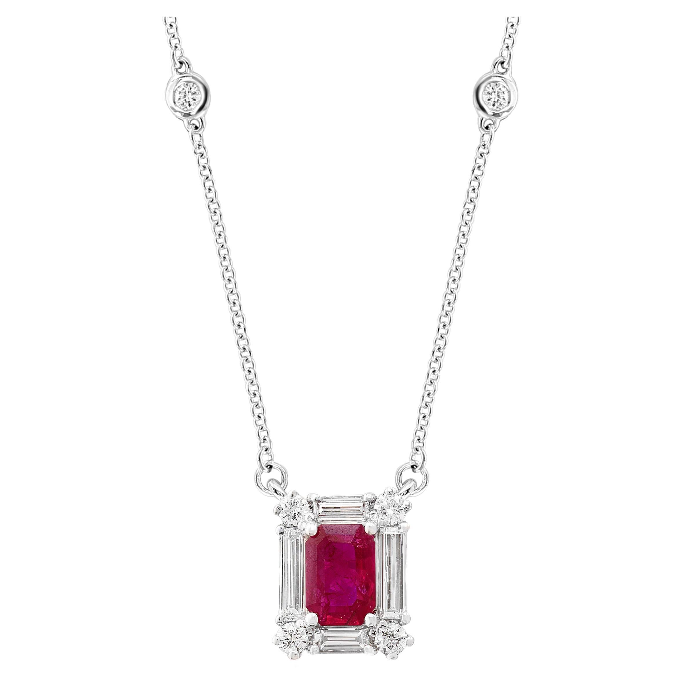 0.79 Carat Emerald Cut Ruby and Diamond Pendant Necklace in 14K White Gold For Sale