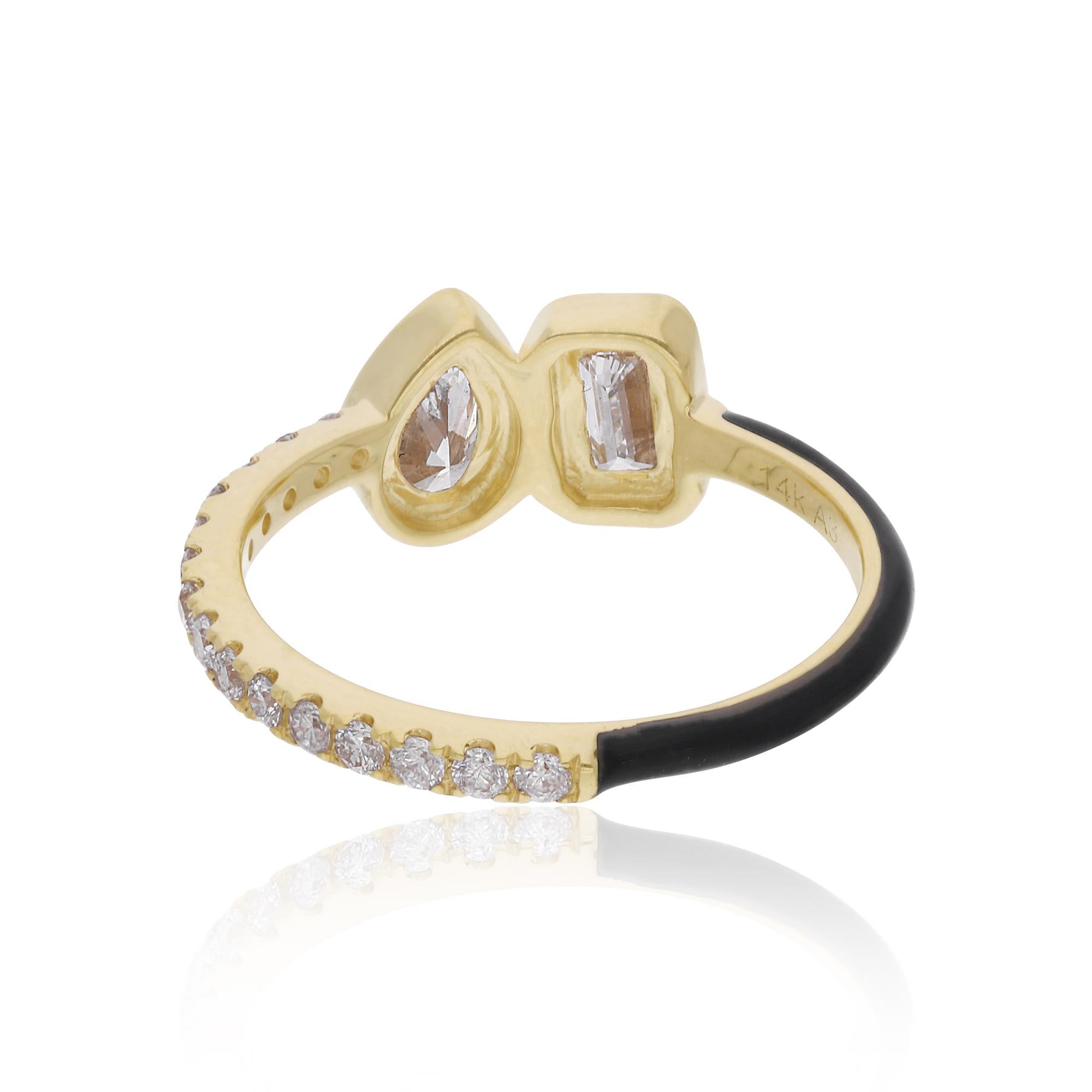 Emerald Cut 0.79 Carat Emerald Pear Shape Diamond Ring 14 Karat Yellow Gold Enamel Jewelry For Sale