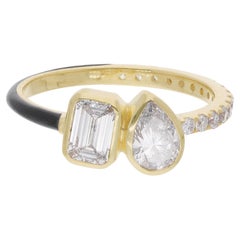 0.79 Carat Emerald Pear Shape Diamond Ring 14 Karat Yellow Gold Enamel Jewelry