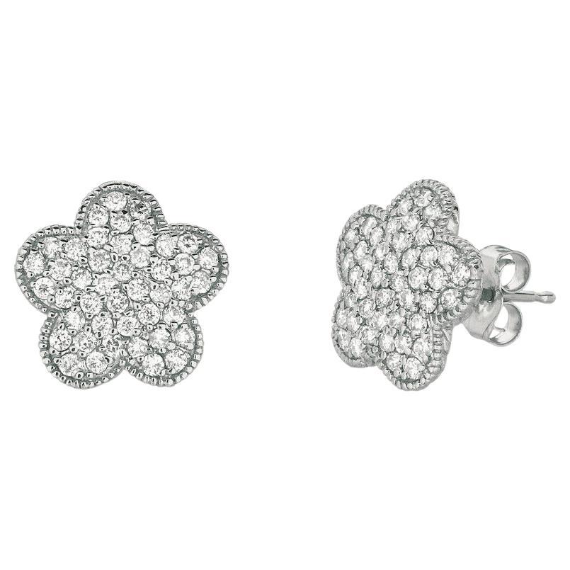 0.79 Carat Natural Diamond Flower Earrings G SI 14K White Gold For Sale