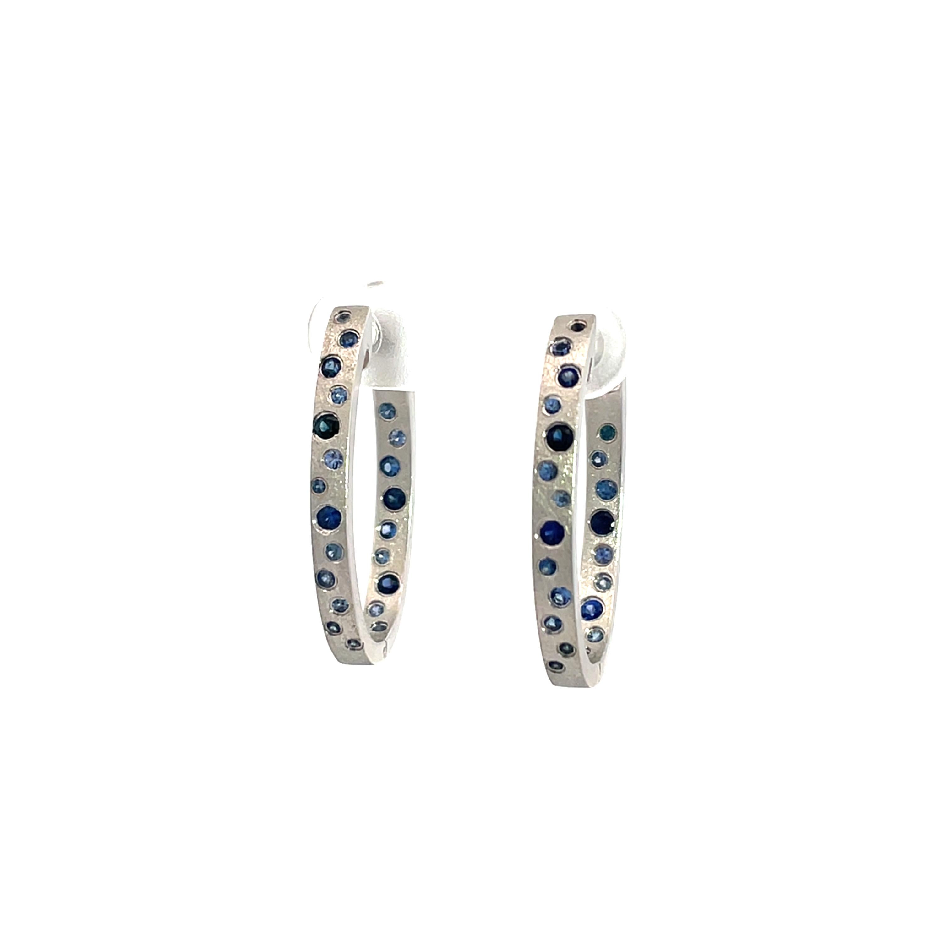 0.79 Carat Sapphire Flush Set Oval Hoop White Gold Earrings For Sale 1