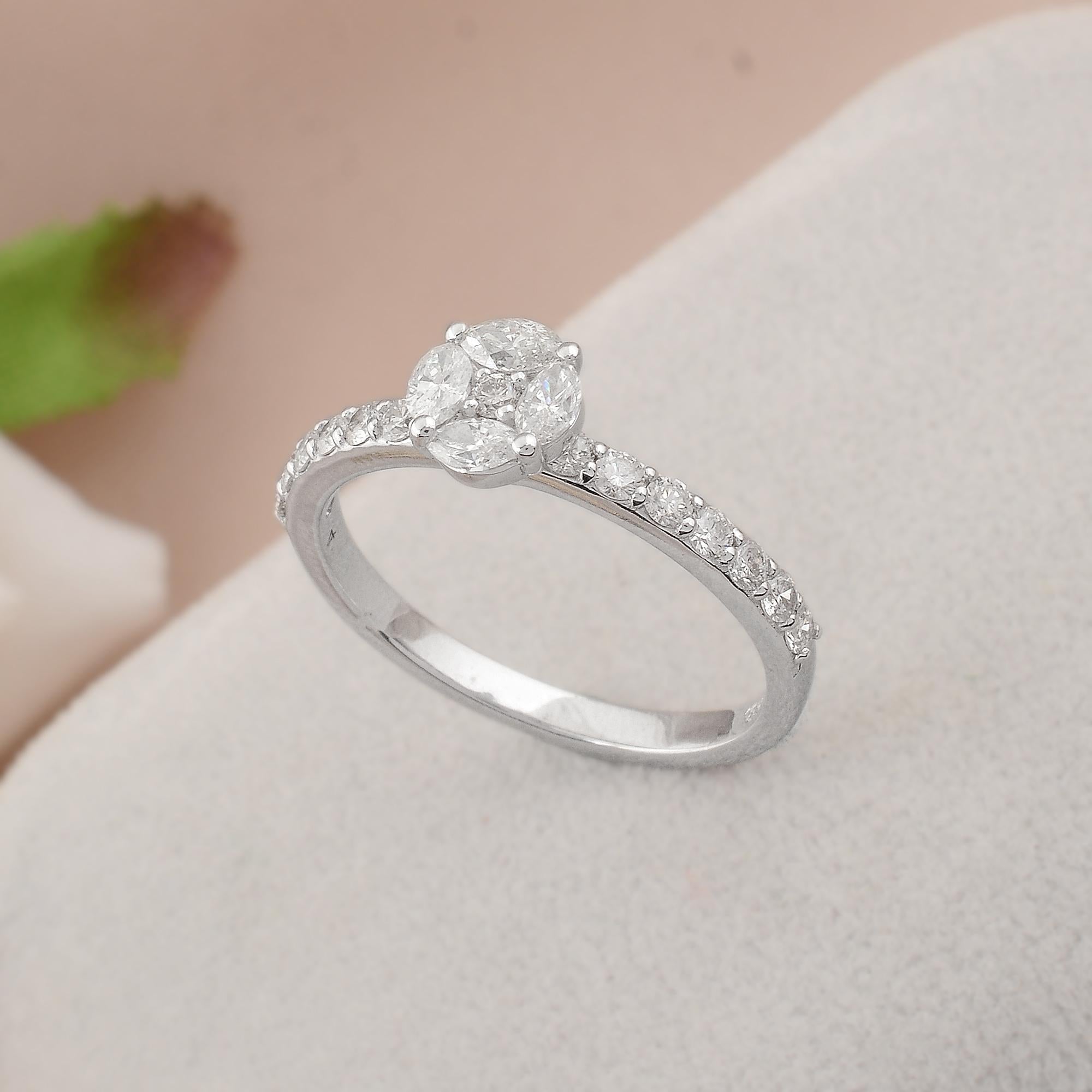 For Sale:  0.79 Carat SI Clarity HI Color Marquise & Round Diamond Fine Ring 18k White Gold 4