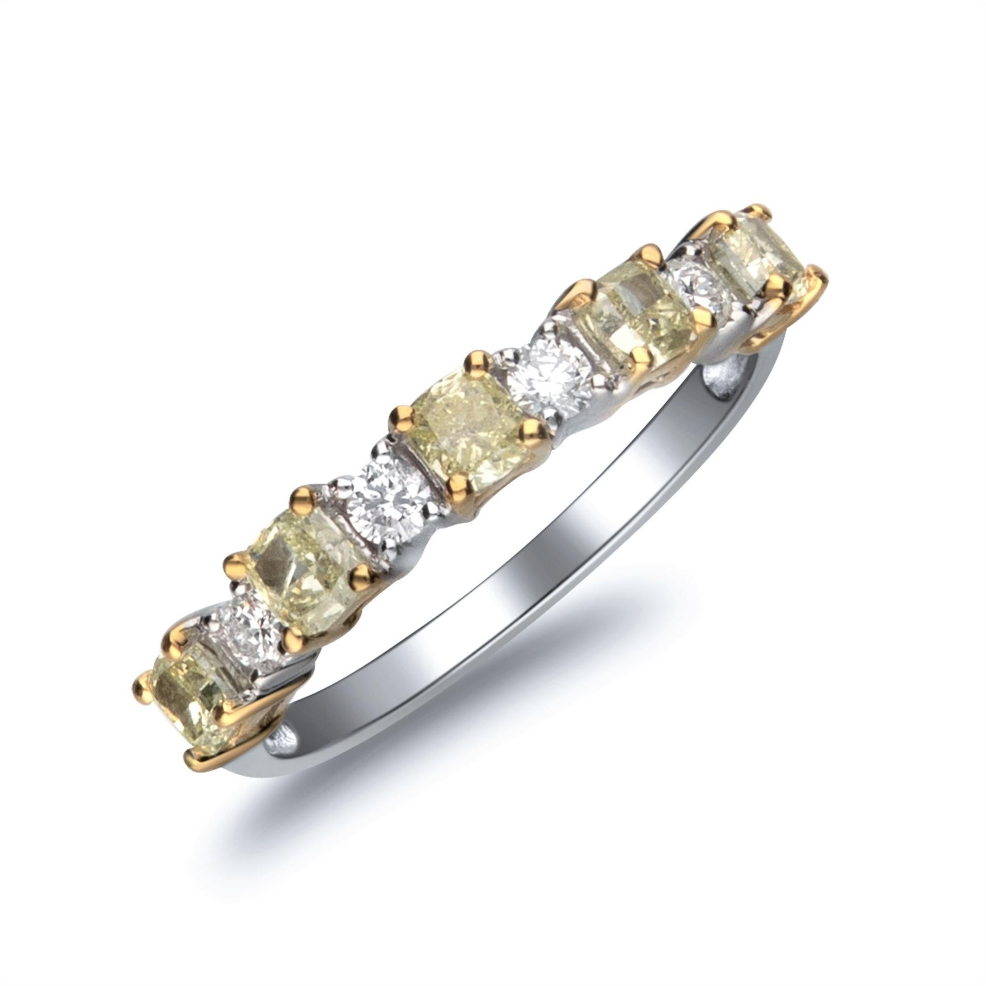 This one of a kind Gin and Grace band ring is crafted in 14-karat Two Tone gold and features five cushion cut Yellow Diamonds 0.79 carat & 4 glistening Round Diamonds 0.19 carat in SI quality. 
This ring comes in size 7, please contact us for more