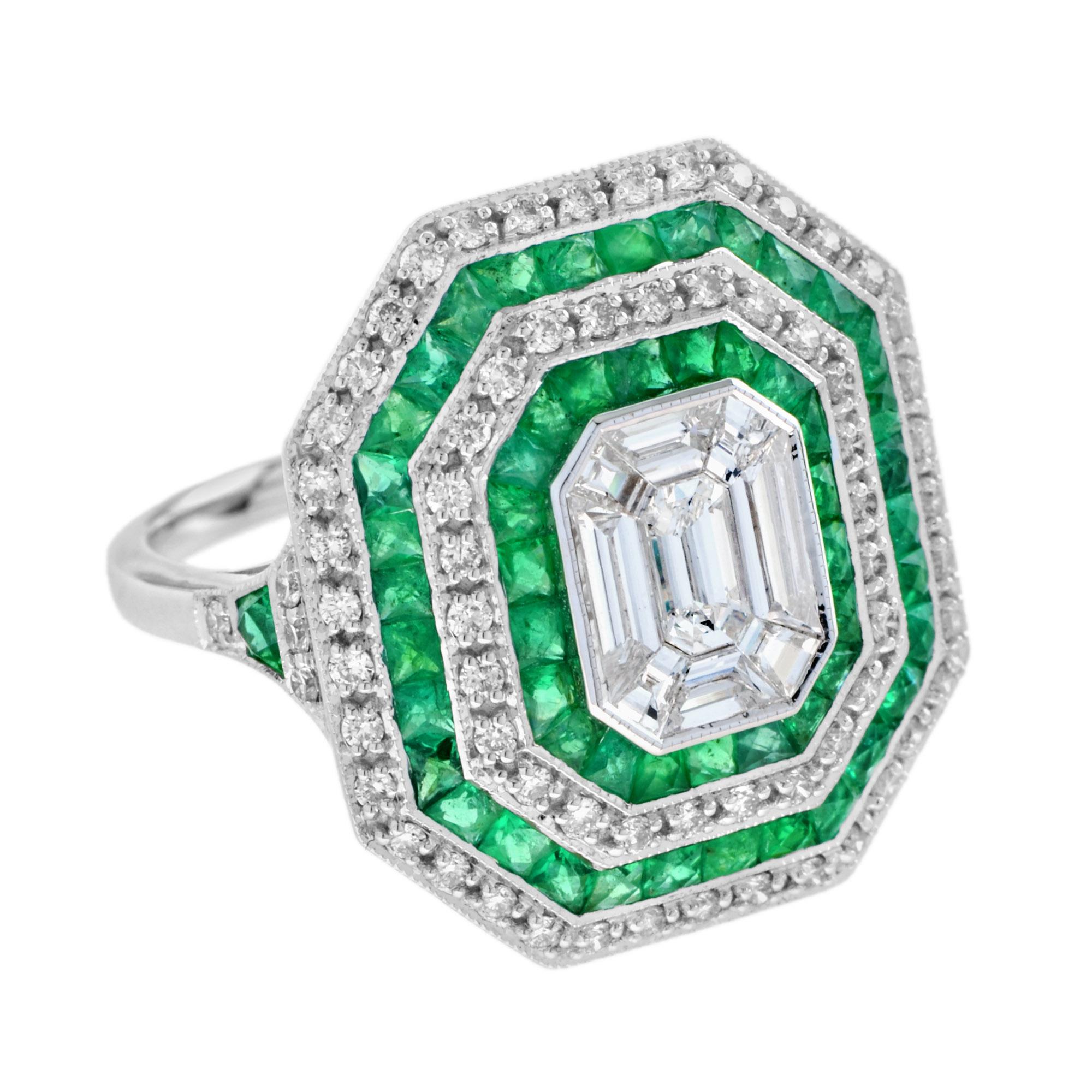 Women's or Men's Illusion Set Emerald Cut Diamond Emerald Art Deco Style Halo Ring in 18K Gold