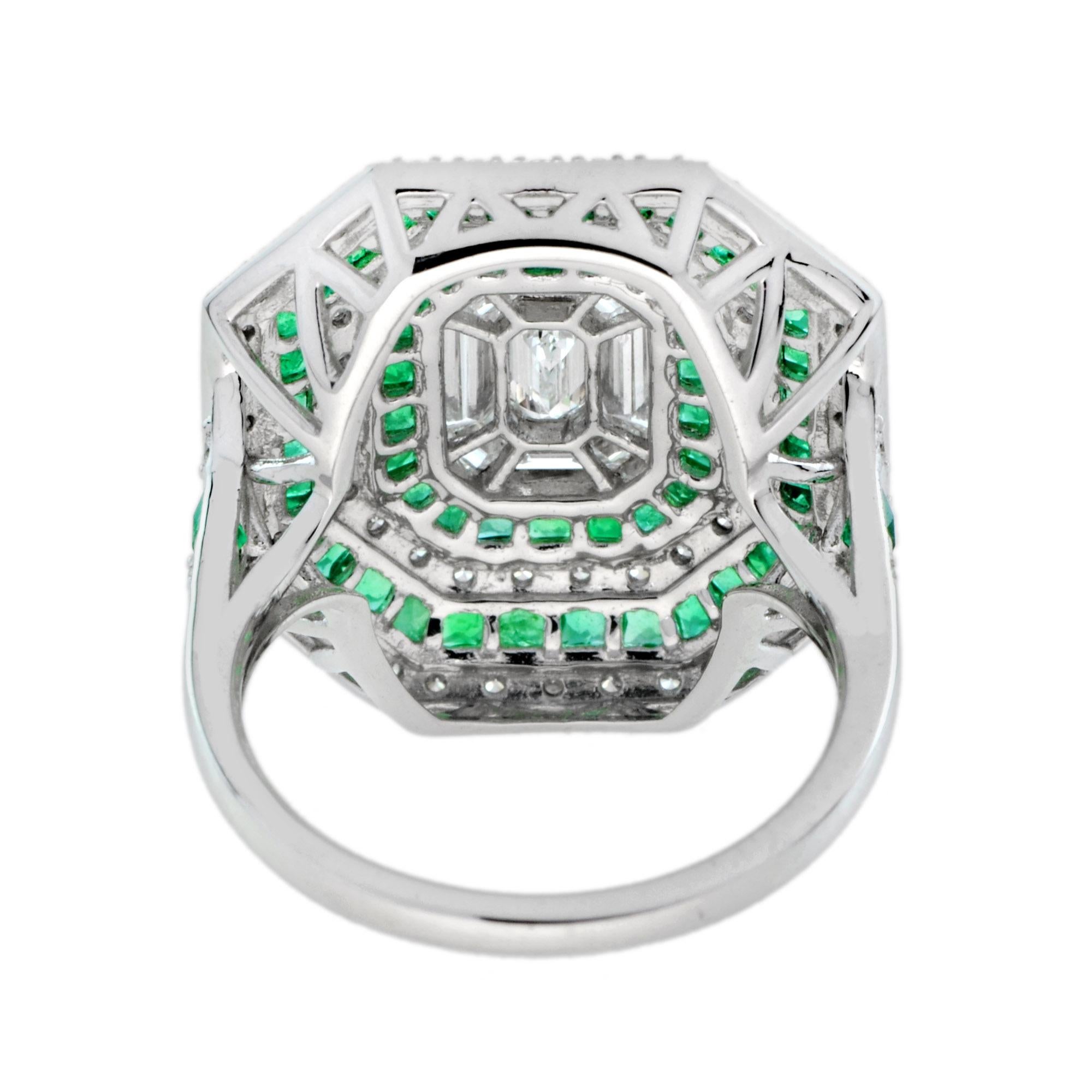 Illusion Set Emerald Cut Diamond Emerald Art Deco Style Halo Ring in 18K Gold 2