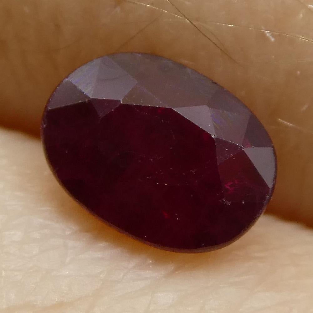 Description:

Gem Type: Ruby
Number of Stones: 1
Weight: 0.79 cts
Measurements: 5.99x4.51x3.35 mm
Shape: Oval
Cutting Style Crown: Modified Brilliant
Cutting Style Pavilion: Step Cut
Transparency: Translucent
Clarity: Slightly Included: Some