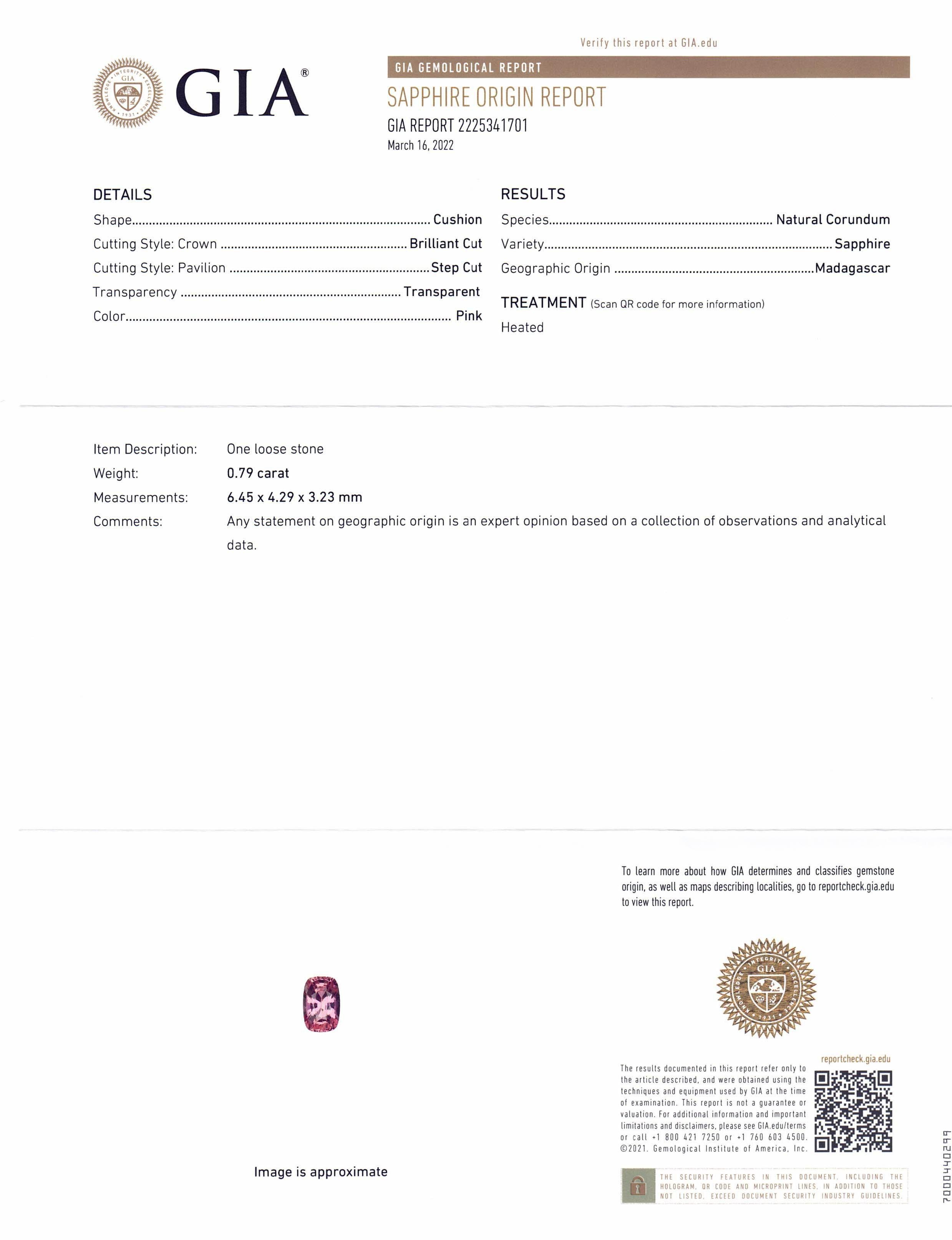 Saphir rose coussin de 0,79 carat certifié GIA de Madagascar Unisexe en vente
