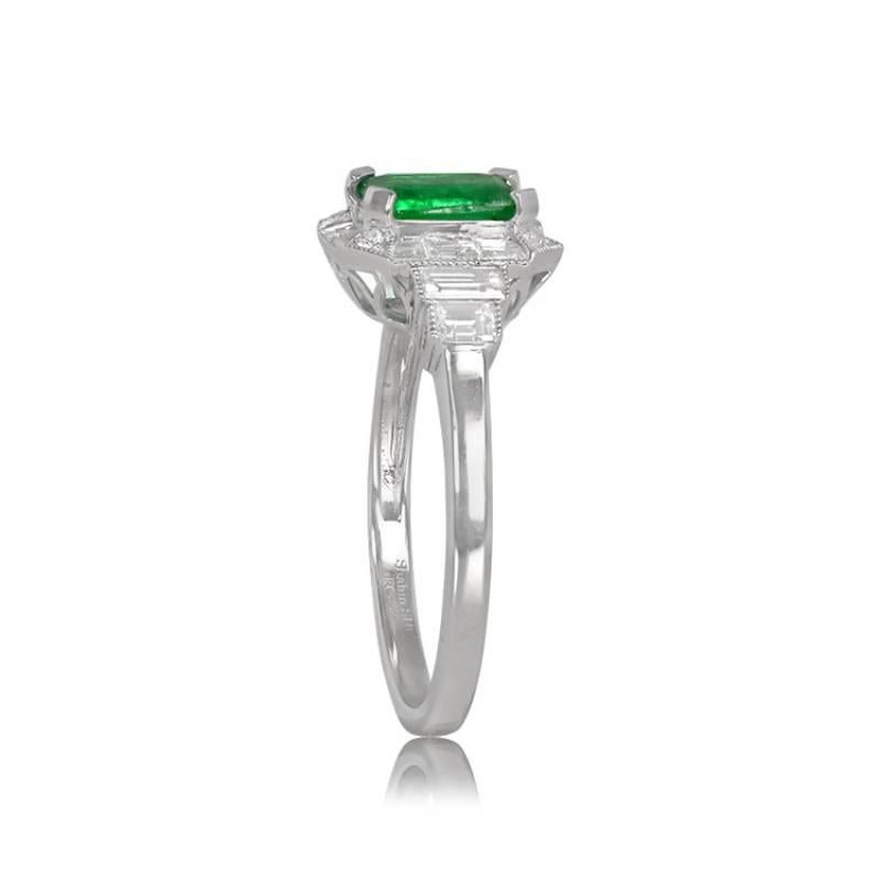 Art Deco 0.79ct Emerald Cut Diamond Engagement Ring, Diamond Halo, 14k White Gold For Sale