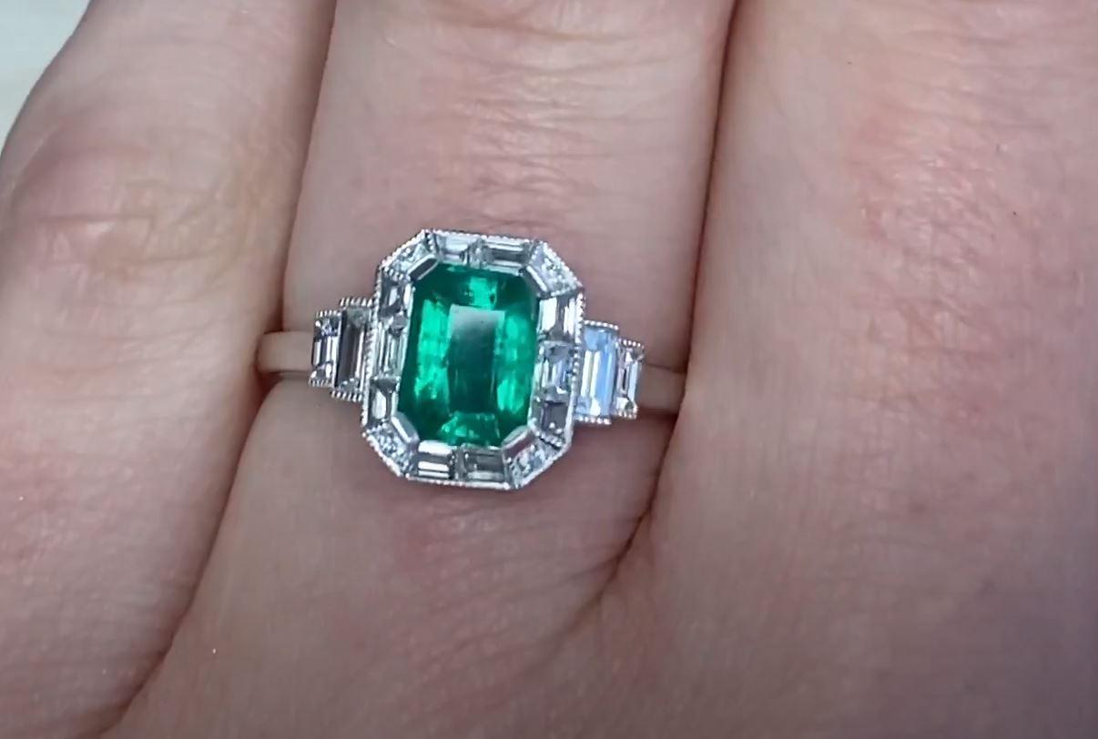 Women's 0.79ct Emerald Cut Diamond Engagement Ring, Diamond Halo, 14k White Gold For Sale