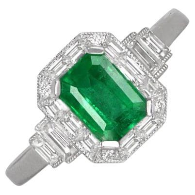 0.79ct Emerald Cut Diamond Engagement Ring, Diamond Halo, 14k White Gold For Sale