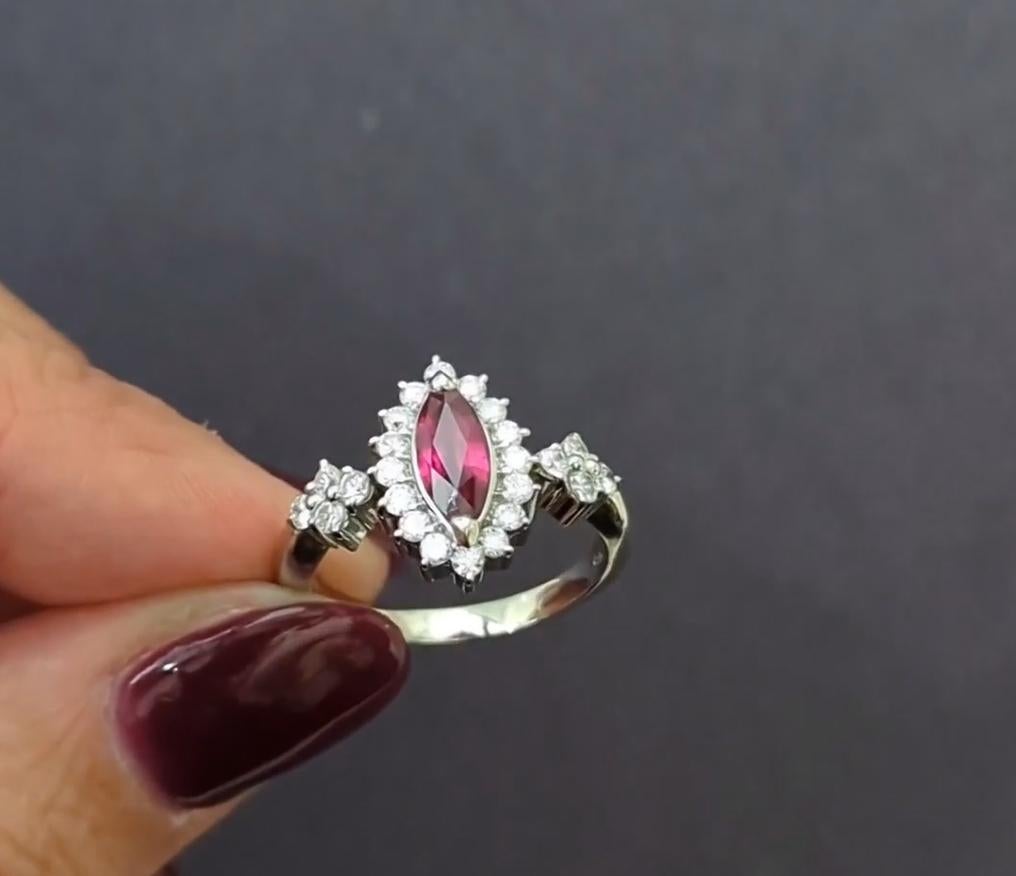 Contemporary 0.79Ct Marquise Ruby Diamond Ring Platinum Halo For Sale