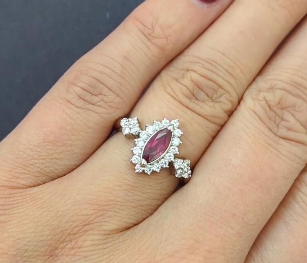 Women's or Men's 0.79Ct Marquise Ruby Diamond Ring Platinum Halo For Sale