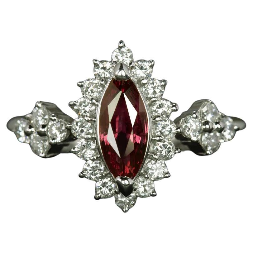 0.79Ct Marquise Ruby Diamond Ring Platinum Halo For Sale
