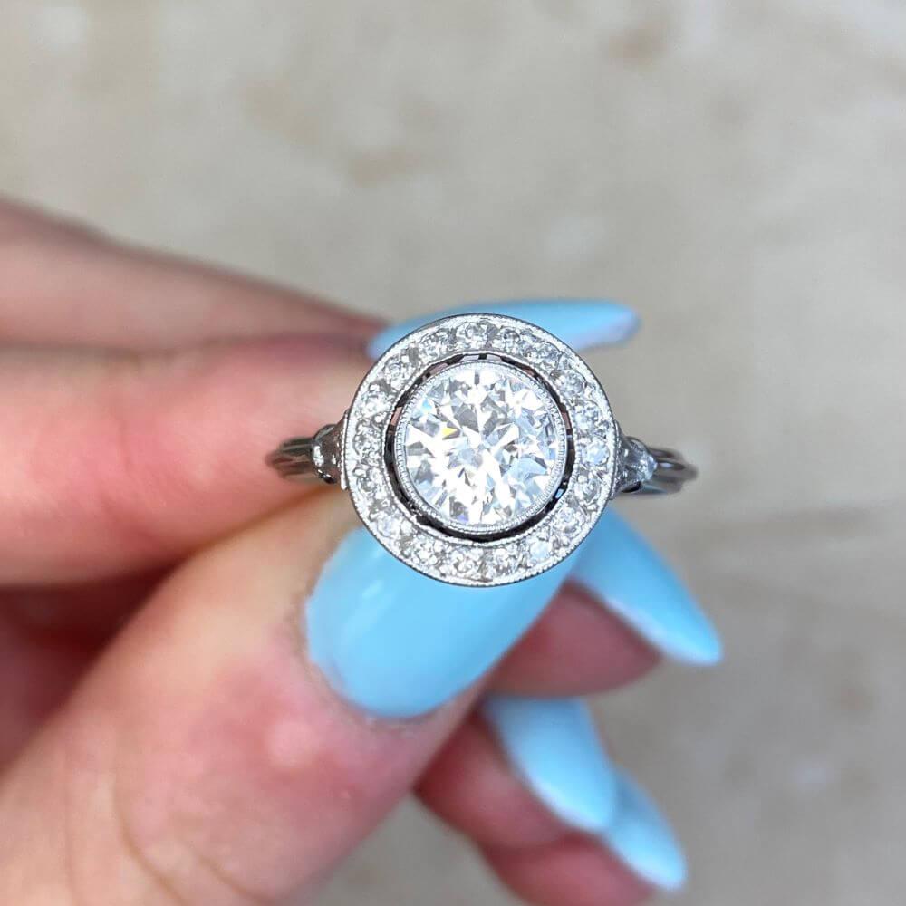 0.79ct Old European Cut Diamond Engagement Ring, Diamond Halo, Platinum For Sale 6