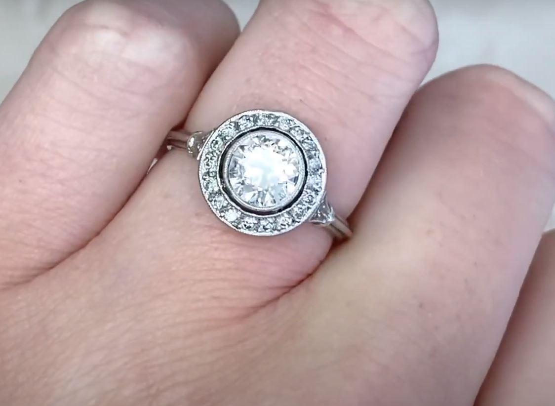 0.79ct Old European Cut Diamond Engagement Ring, Diamond Halo, Platinum For Sale 1