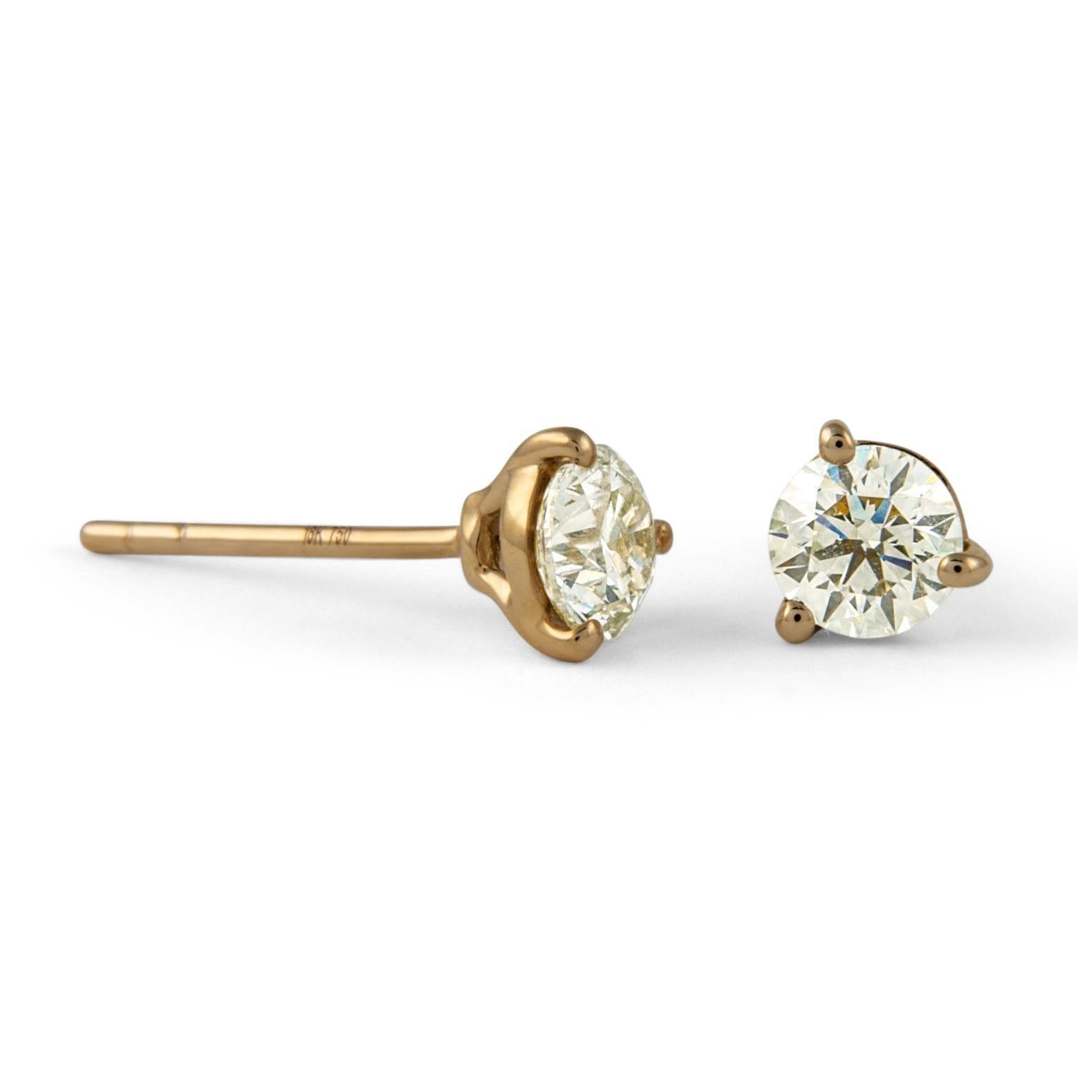 Contemporary 0.79ct Round Diamond Stud Earrings 18k Yellow Gold For Sale