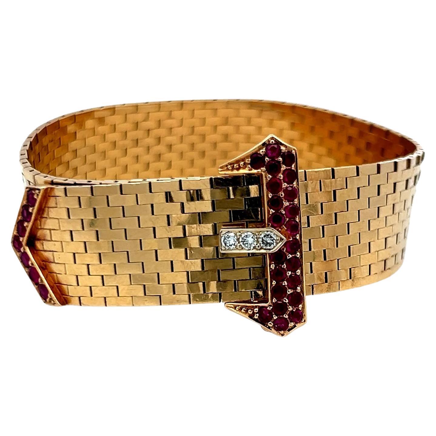 0.79ct Rubis et 0.09ct Diamant rond brillant Bracelet rétro en or jaune 14K