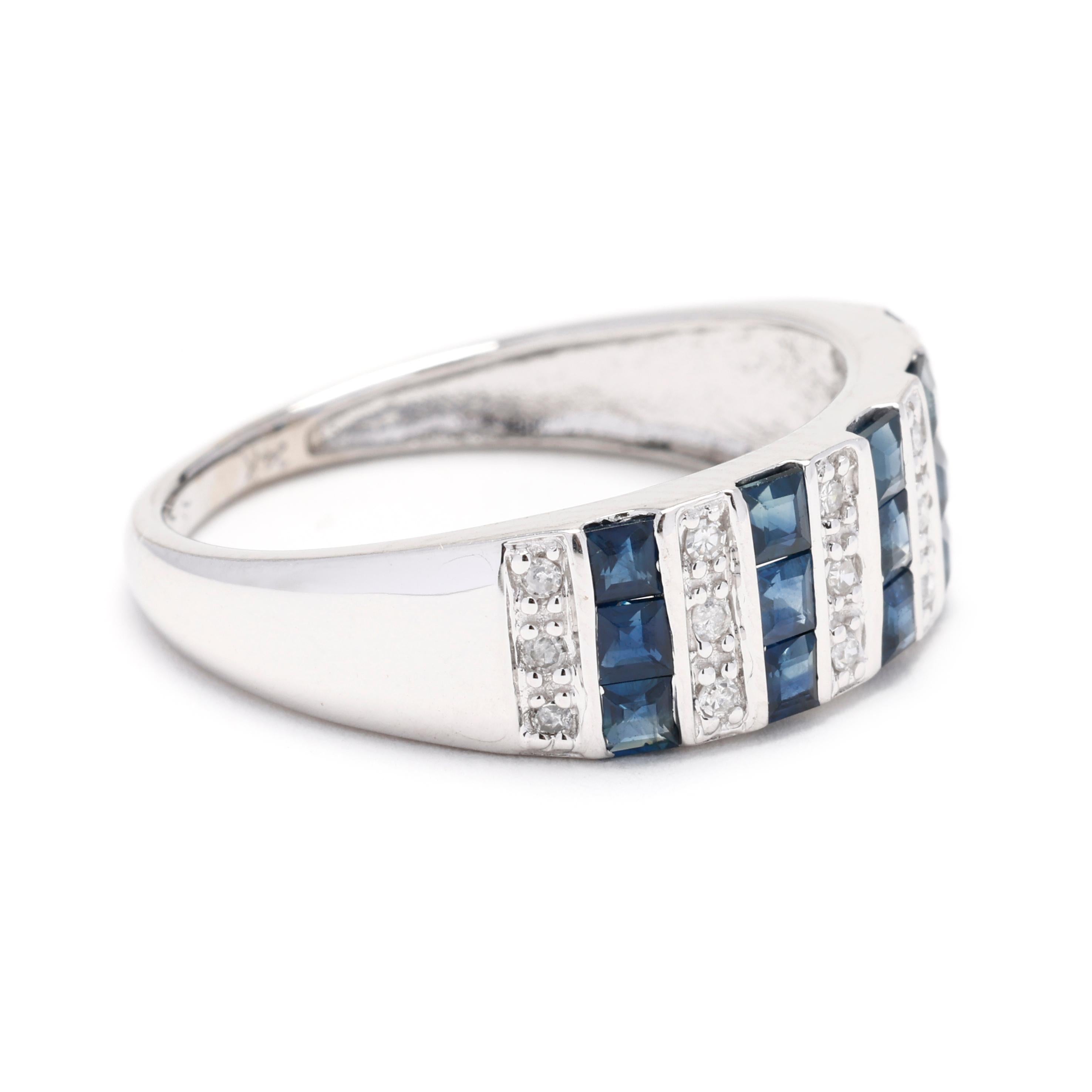 Discover the timeless allure of our 0.79 Carat Total Weight (CTW) Sapphire and Diamond Band Ring, expertly crafted in 14k White Gold. Designed for ring size 7, this exquisite band features a perfect blend of shimmering sapphires and sparkling