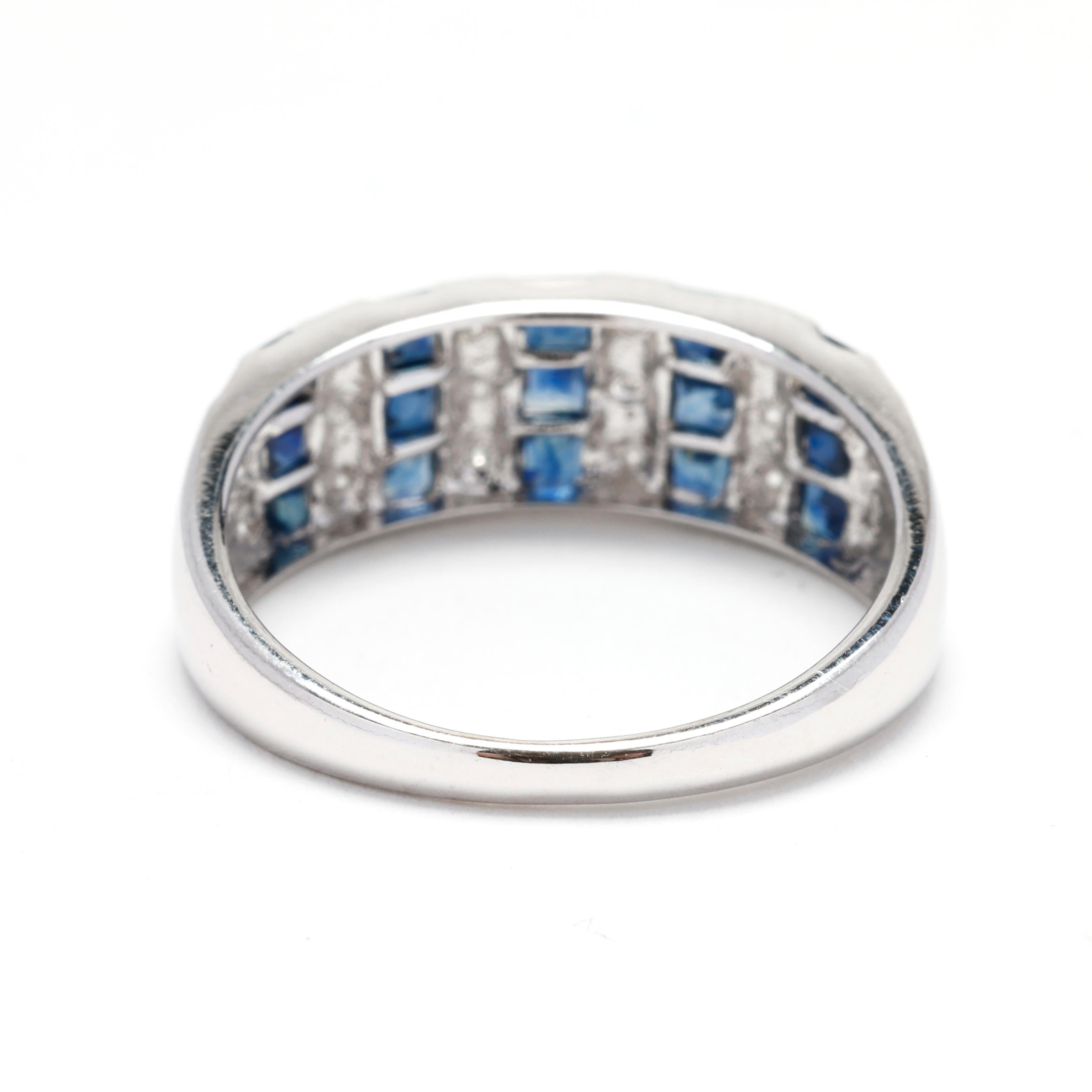Square Cut 0.79ctw Sapphire and Diamond Band Ring, 14k White Gold, Ring Size 7