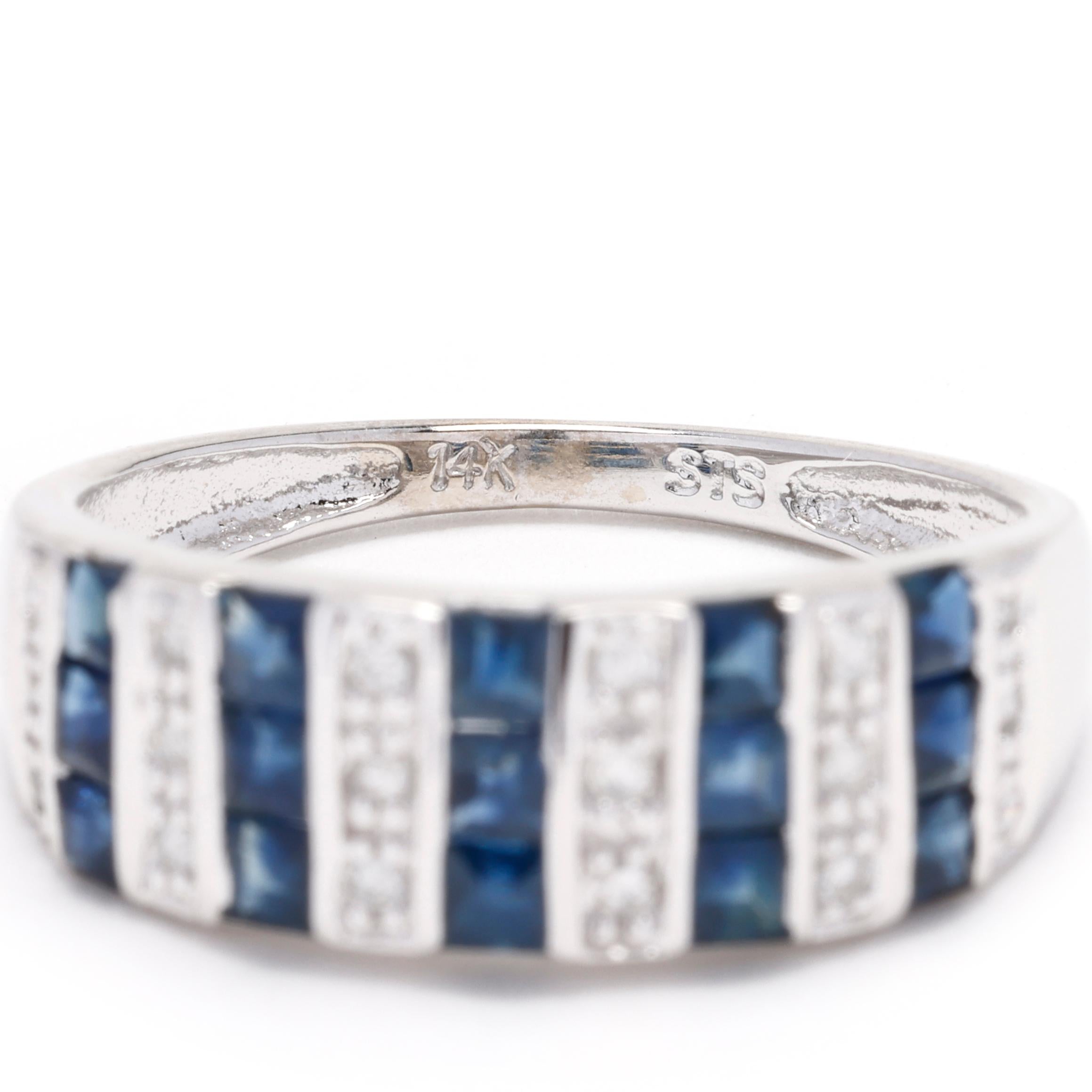 Women's or Men's 0.79ctw Sapphire and Diamond Band Ring, 14k White Gold, Ring Size 7