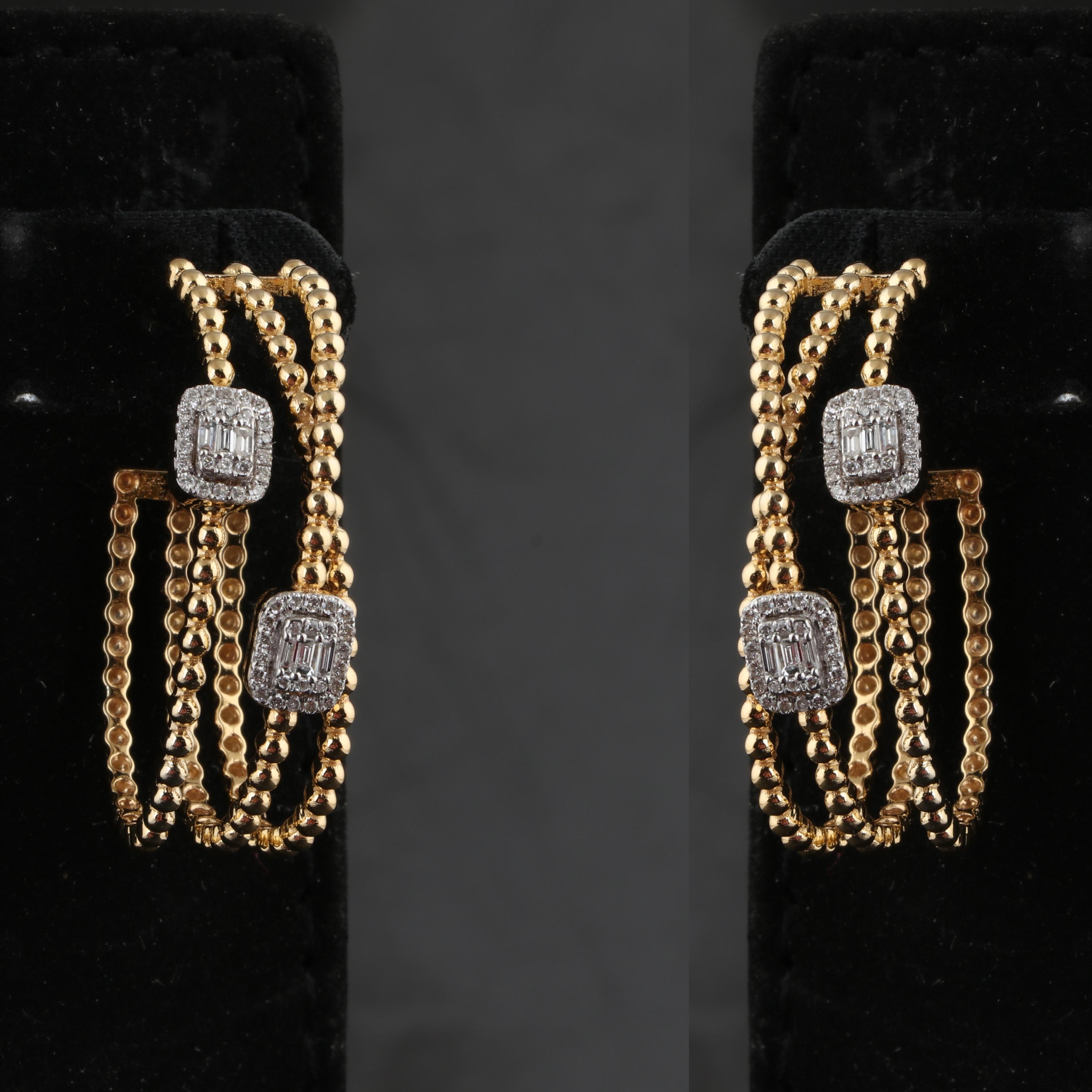 Modern 0.7Carat SI Clarity HI Color Baguette Diamond Hoop Earrings 18 Karat Yellow Gold For Sale