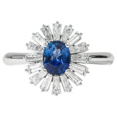 0.7ct Oval-Cut Blue Sapphire & Baguette Diamond Halo Engagement Ring in 18K Gold