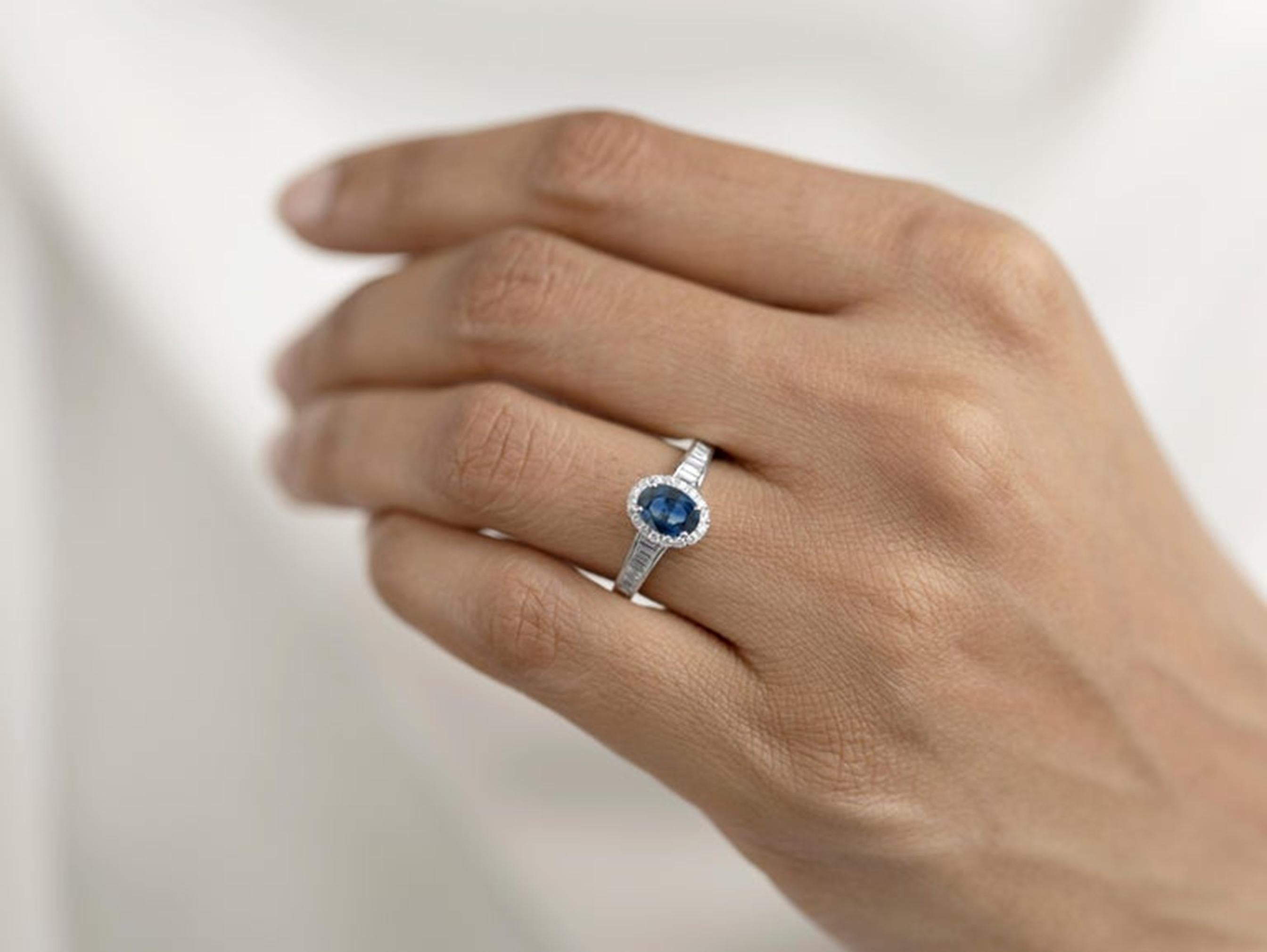 0.7ct Oval-Cut Blue Sapphire & Diamond Halo Engagement Ring in 18K White Gold For Sale 3
