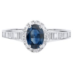 Anello di fidanzamento ovale con diamante zaffiro blu, taglio rotondo/baguette, aureola