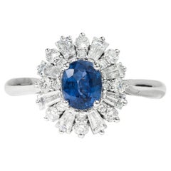 0.7ct Oval-Cut Blue Sapphire & Diamond Halo Engagement Ring in 18K White Gold