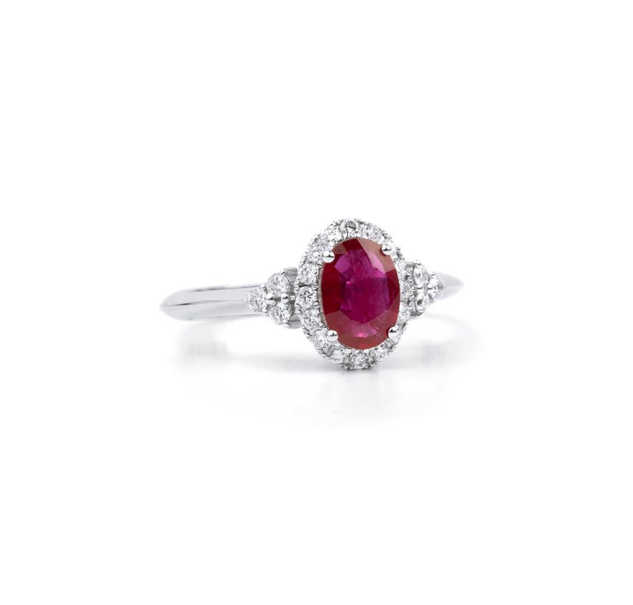 0.7ct Natural Oval Ruby & Diamond Halo Cluster Engagement Ring in 18K White Gold For Sale 2