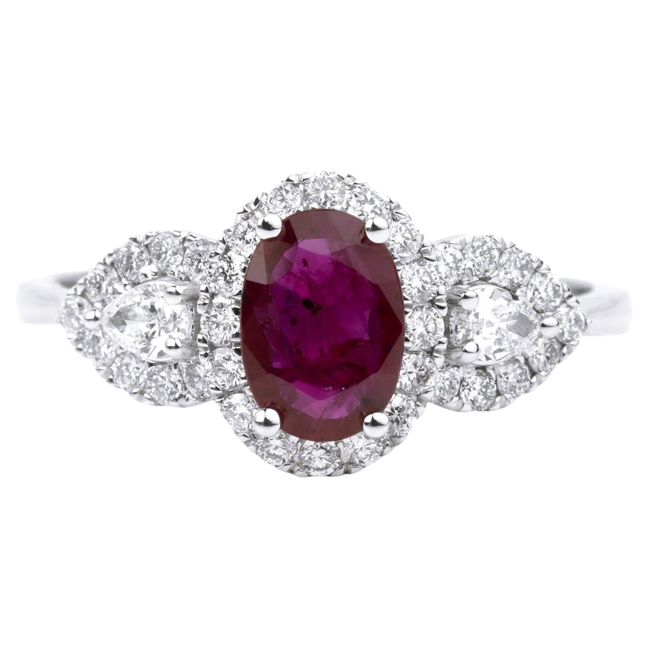 Verlobungsring mit 0,7 Karat rotem Rubin und Diamant im Baguette-Ring mit Rundschliff