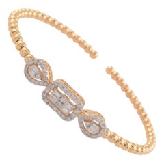 0.8 Baguette Diamond 18 Karat Yellow Gold Beaded Cuff Bracelet Bridesmaid Gift