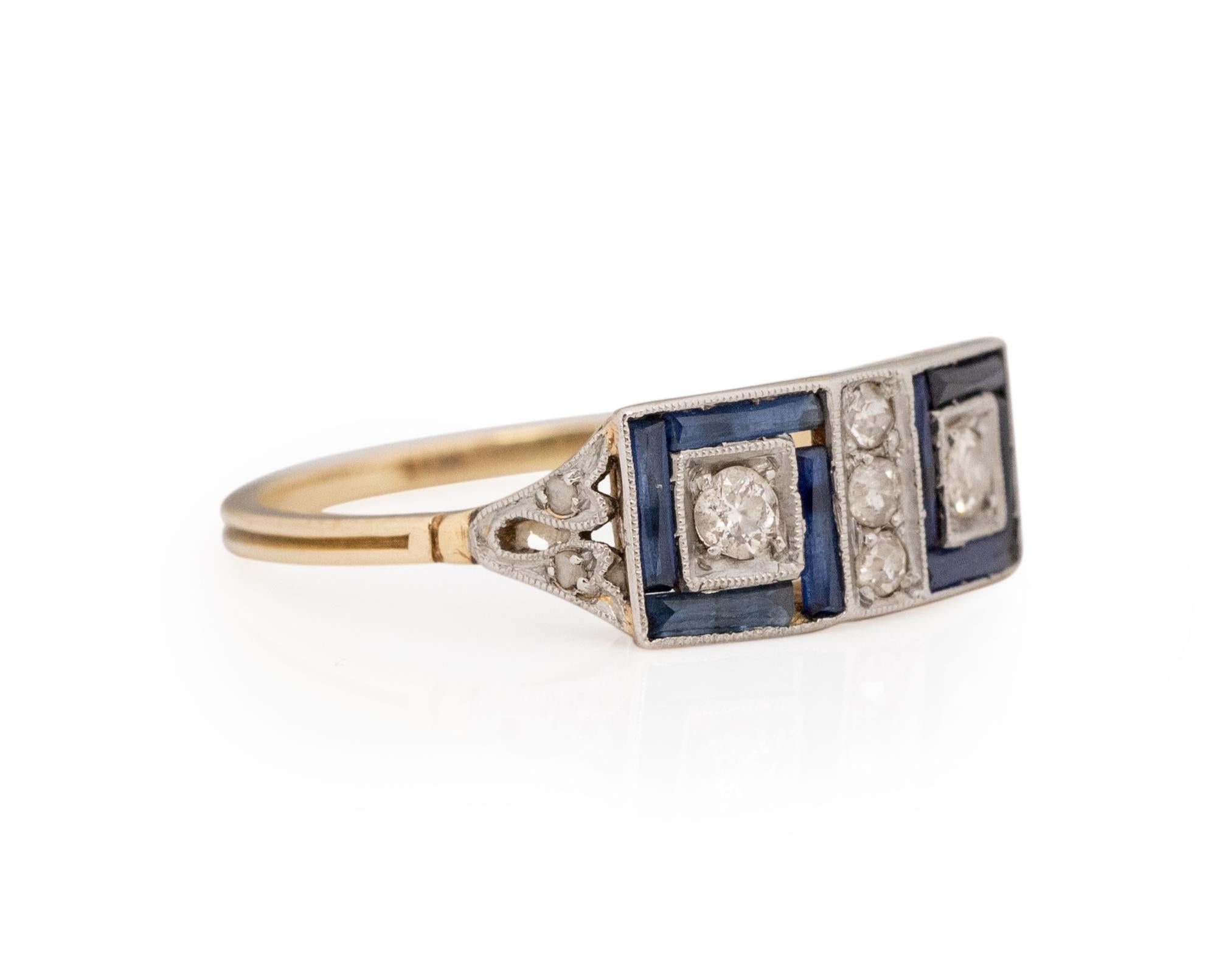Ring Size: 5.5
Metal Type: 18Karat Yellow Gold [Hallmarked, and Tested]
Weight: 2.0 grams

Diamond Details: 
Weight: .08carat
Cut: Old European brilliant
Color: J
Clarity: SI

Side Stone Details:
Weight: .30carat, total
Cut: Straight Baguette
Color: