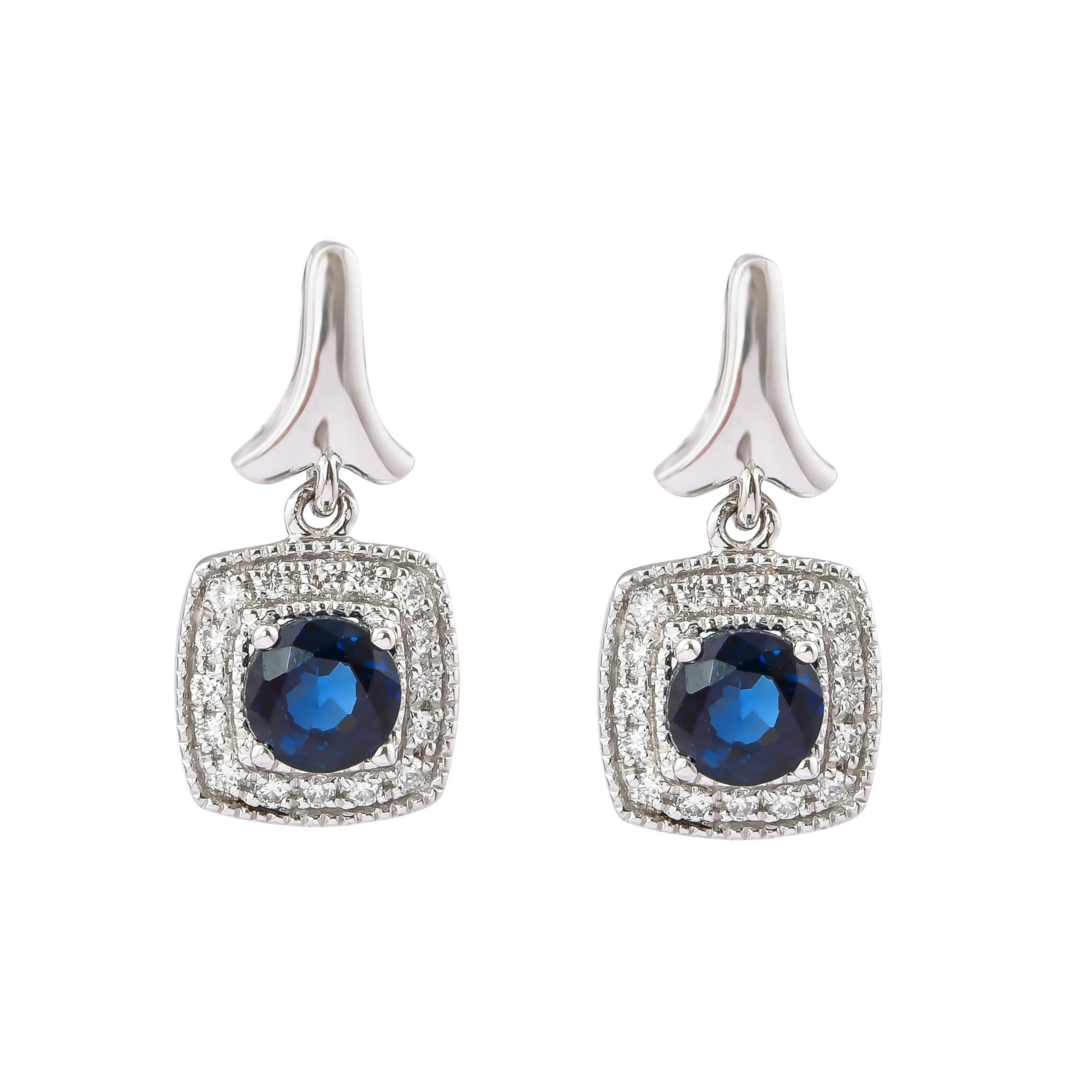 Round Cut 0.8 Carat Blue Sapphire and Diamond Earring in 18 Karat White Gold