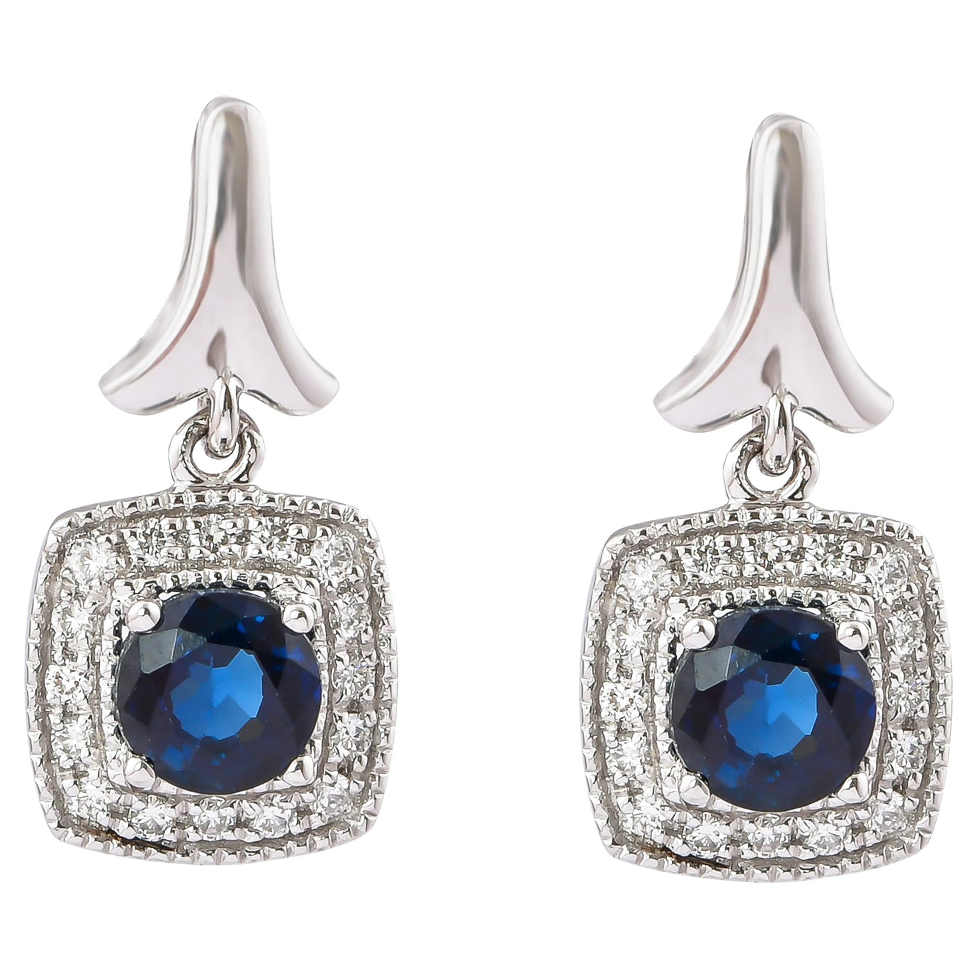 0.8 Carat Blue Sapphire and Diamond Earring in 18 Karat White Gold