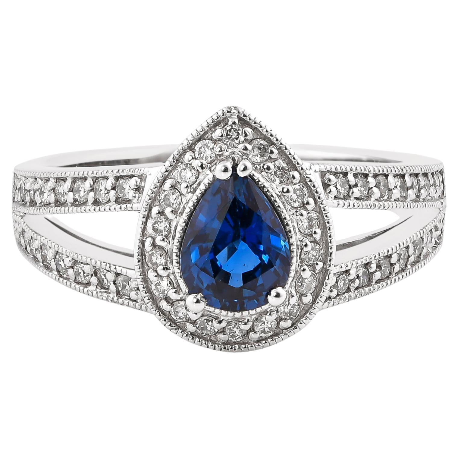 0.8 Carat Blue Sapphire and White Diamond Ring in 14 Karat White Gold For Sale