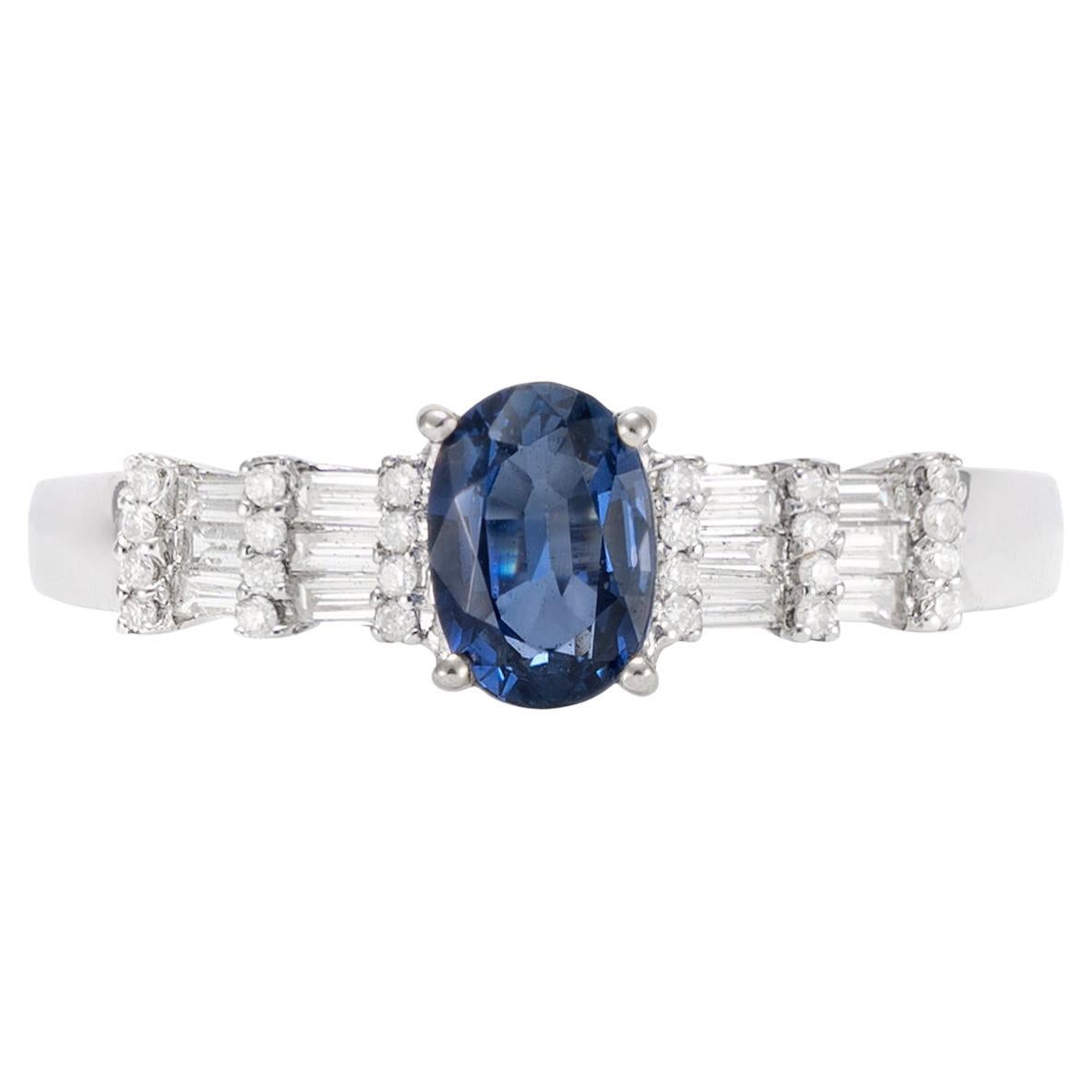 0.8 Carat Blue Sapphire Ring with Diamond in 18 Karat White Gold