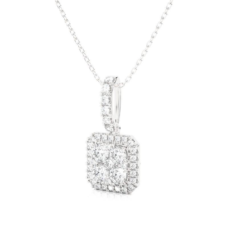 Elevate your elegance with the 0.8 Carat Diamond Moonlight Cushion Cluster Pendant, a mesmerizing piece of jewelry in luminous 14K white gold. Crafted to perfection, this pendant features a stunning cluster of 39 excellent round diamonds, totaling