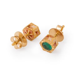 0.8 Carat Emerald and Enamel Hexagon Stud Earrings in 22K Gold Handmade by Agaro