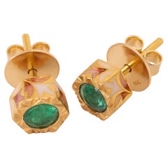 0.8 Carat Emerald and Enamel Hexagon Stud Earrings in 22K Gold Handmade by Agaro